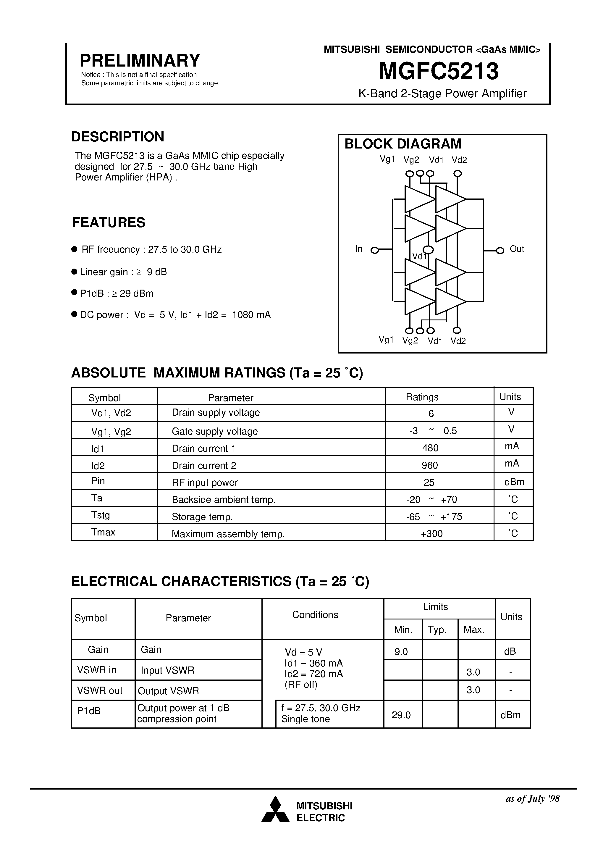 Datasheet MGFC5213 - K-Band 2-Stage Power Amplifier page 1