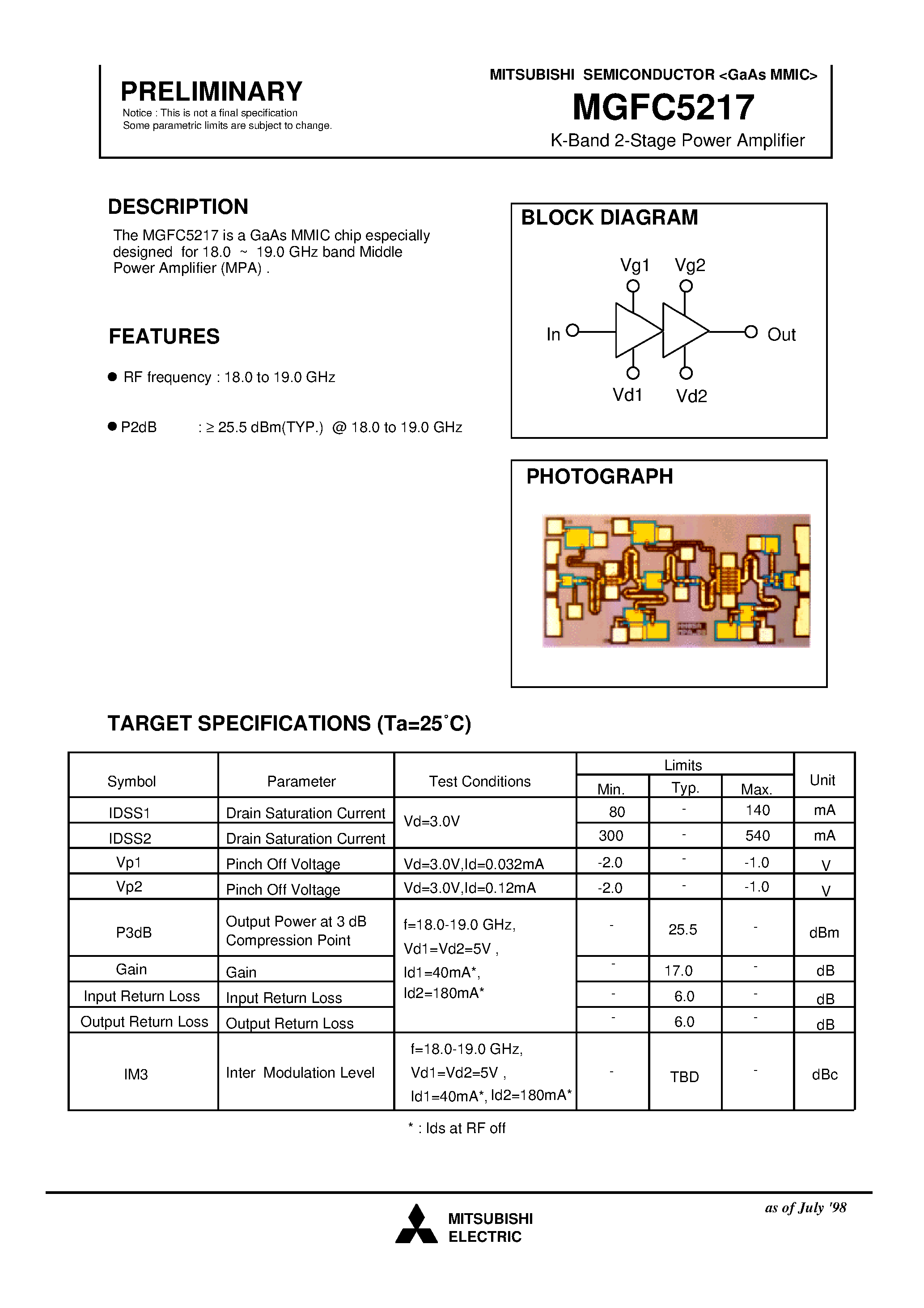 Datasheet MGFC5217 - K-Band 2-Stage Power Amplifier page 1