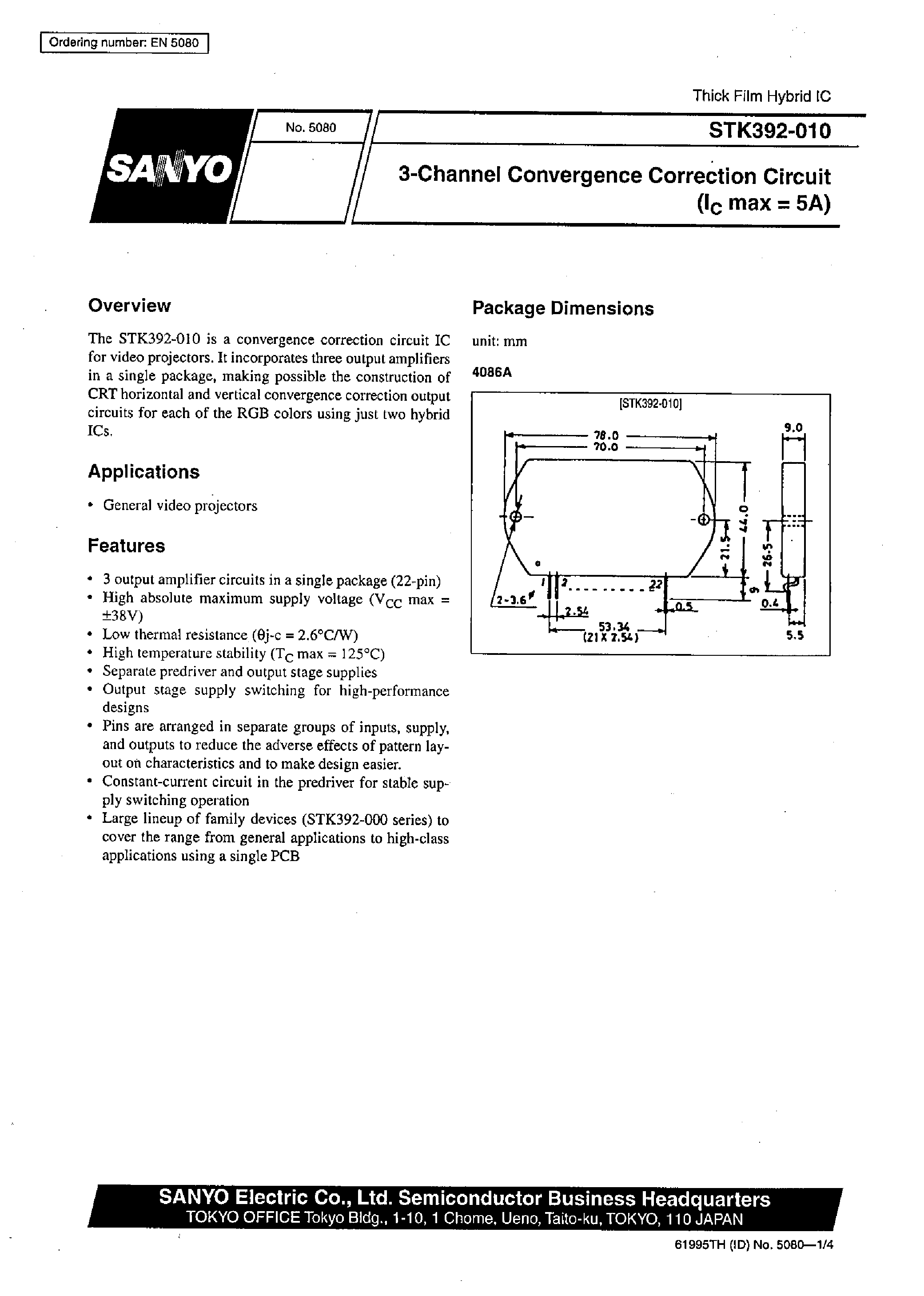 Datasheet STK392-010 - 3-Channel Convergence Correction Circuit(Ic max=5A) page 1
