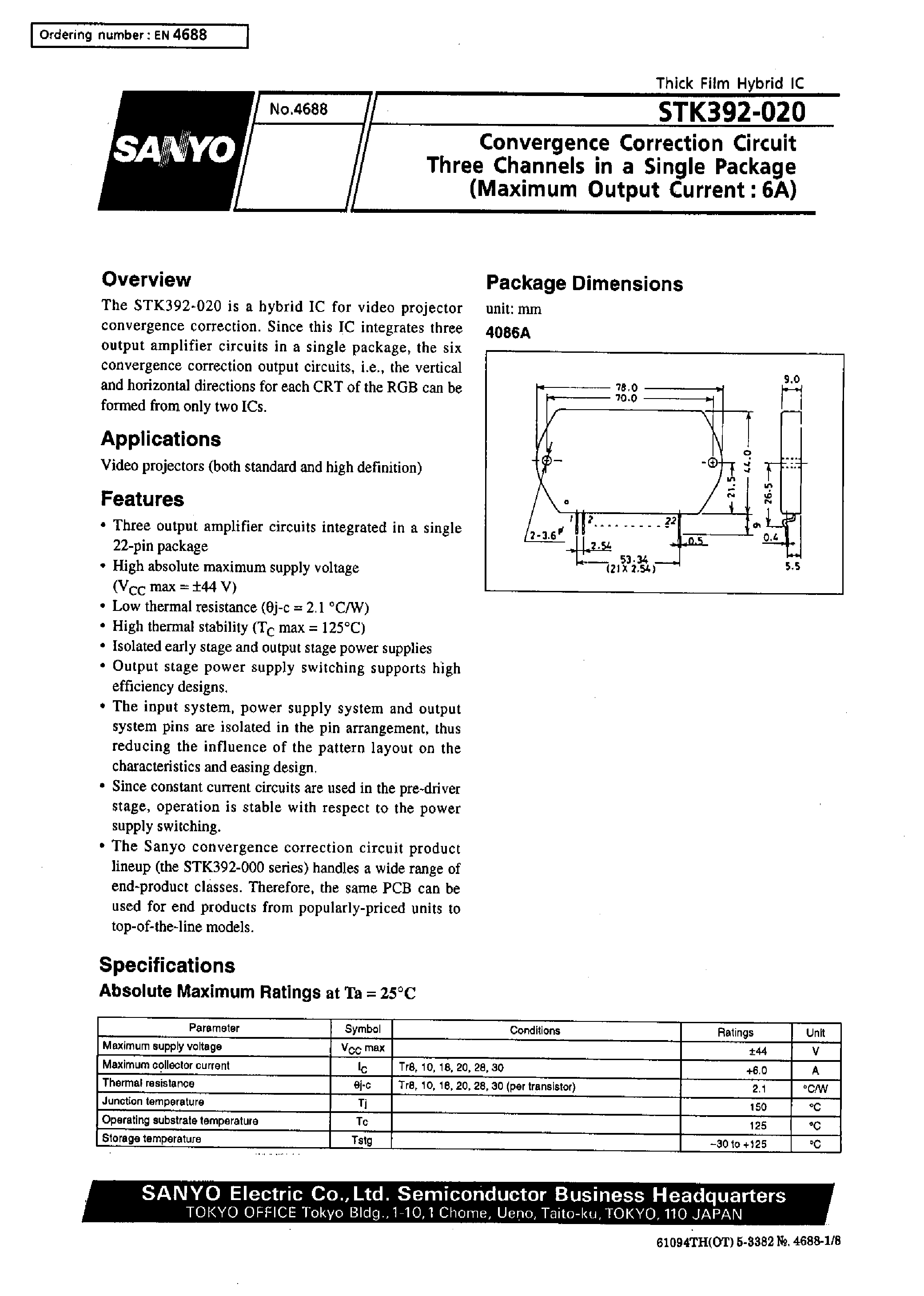 Datasheet STK392-020 - Convergence Correction Circuit Three Channel in a Single Package(Maximum Output Current:6A) page 1