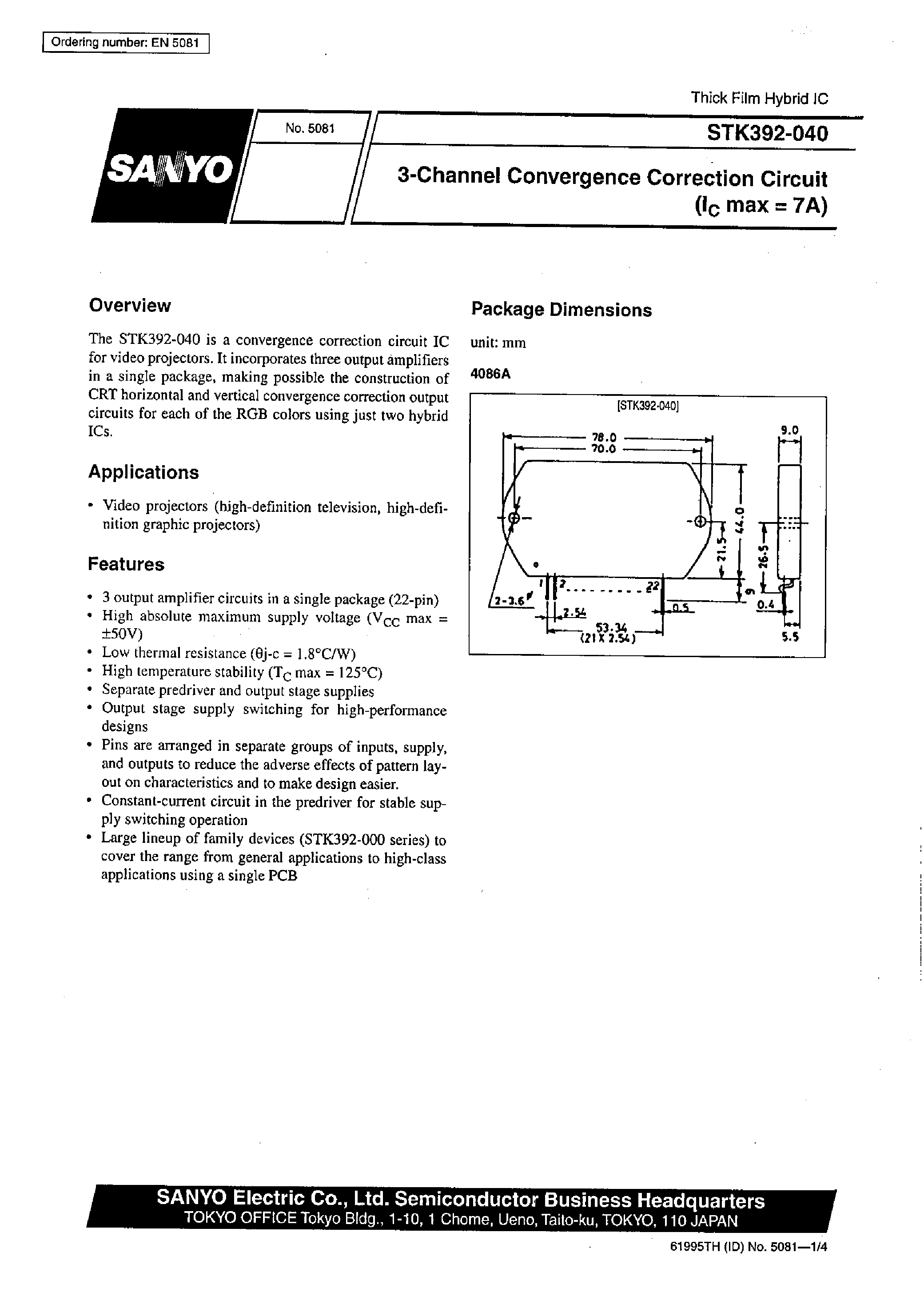 Datasheet STK392-040 - 3-Channel Convergence Correction Circuit(Ic max=7A) page 1