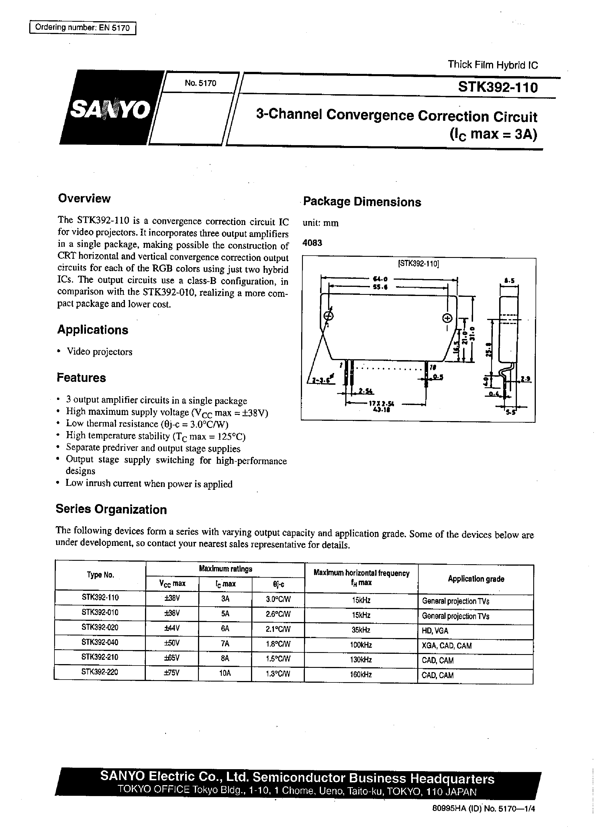 Datasheet STK392-110 - 3-Channel Convergence Correction Circuit(Ic max=3A) page 1