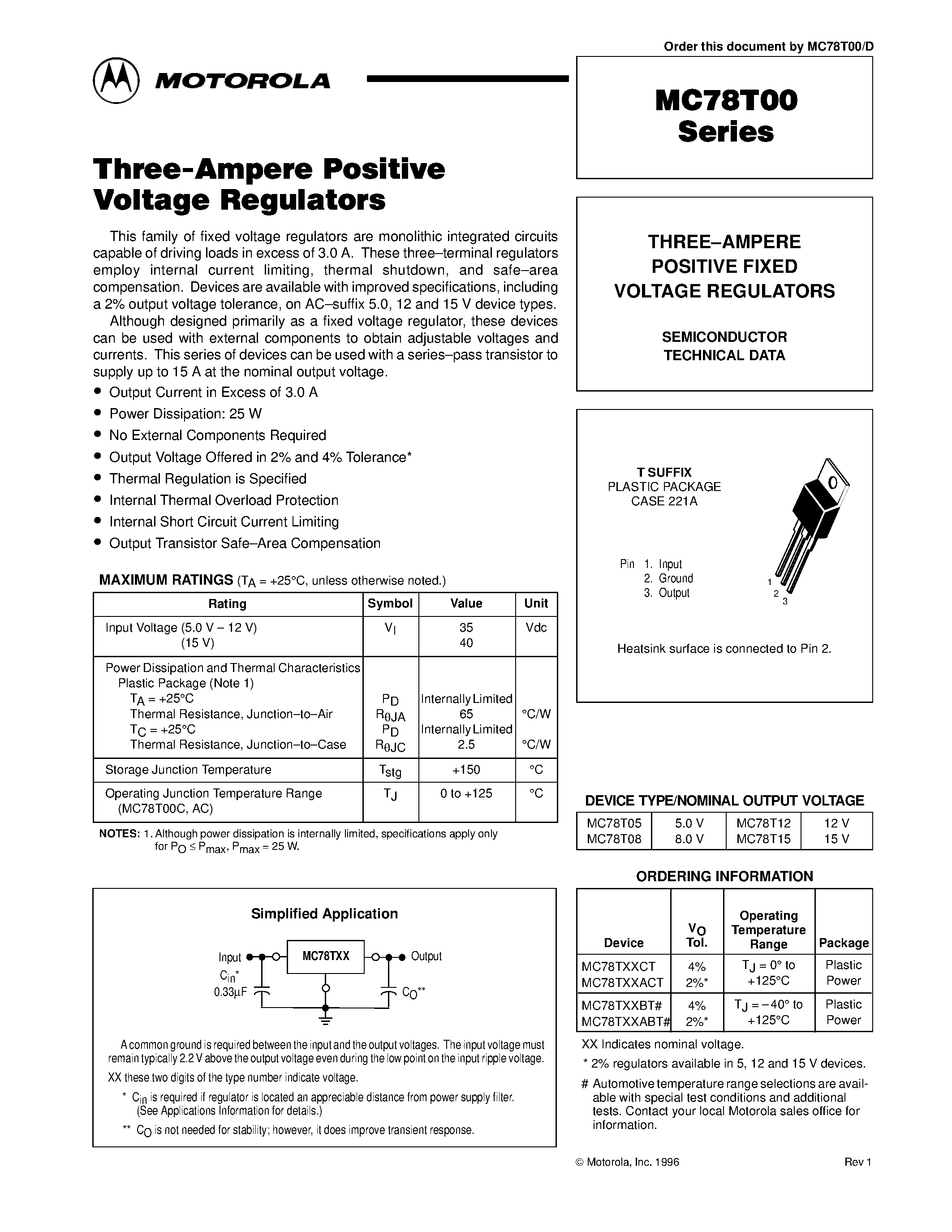 Даташит MC78T08ACT - THREE-AMPERE POSITIVE FIXED VOLTAGE REGULATORS страница 1
