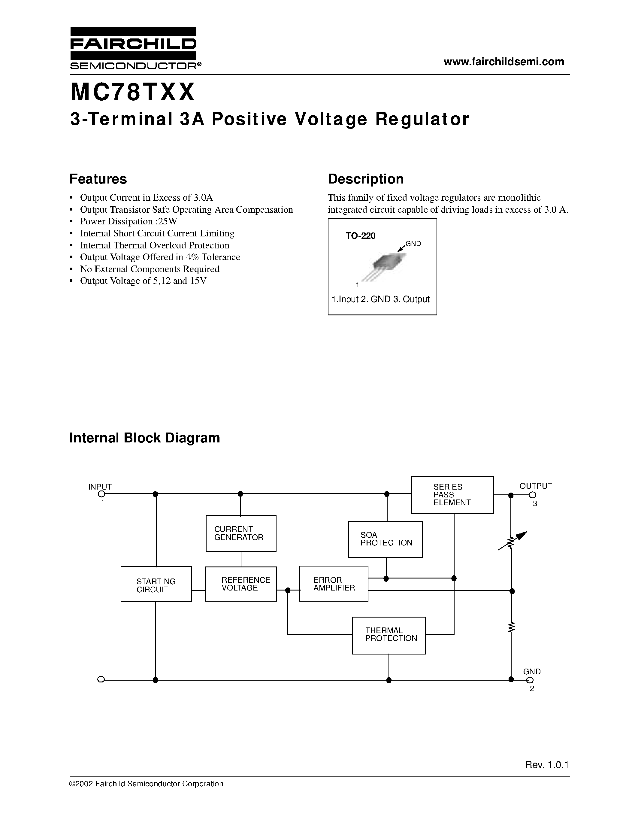 Даташит MC78TXX - 3-Terminal 3A Positive Voltage Regulator страница 1