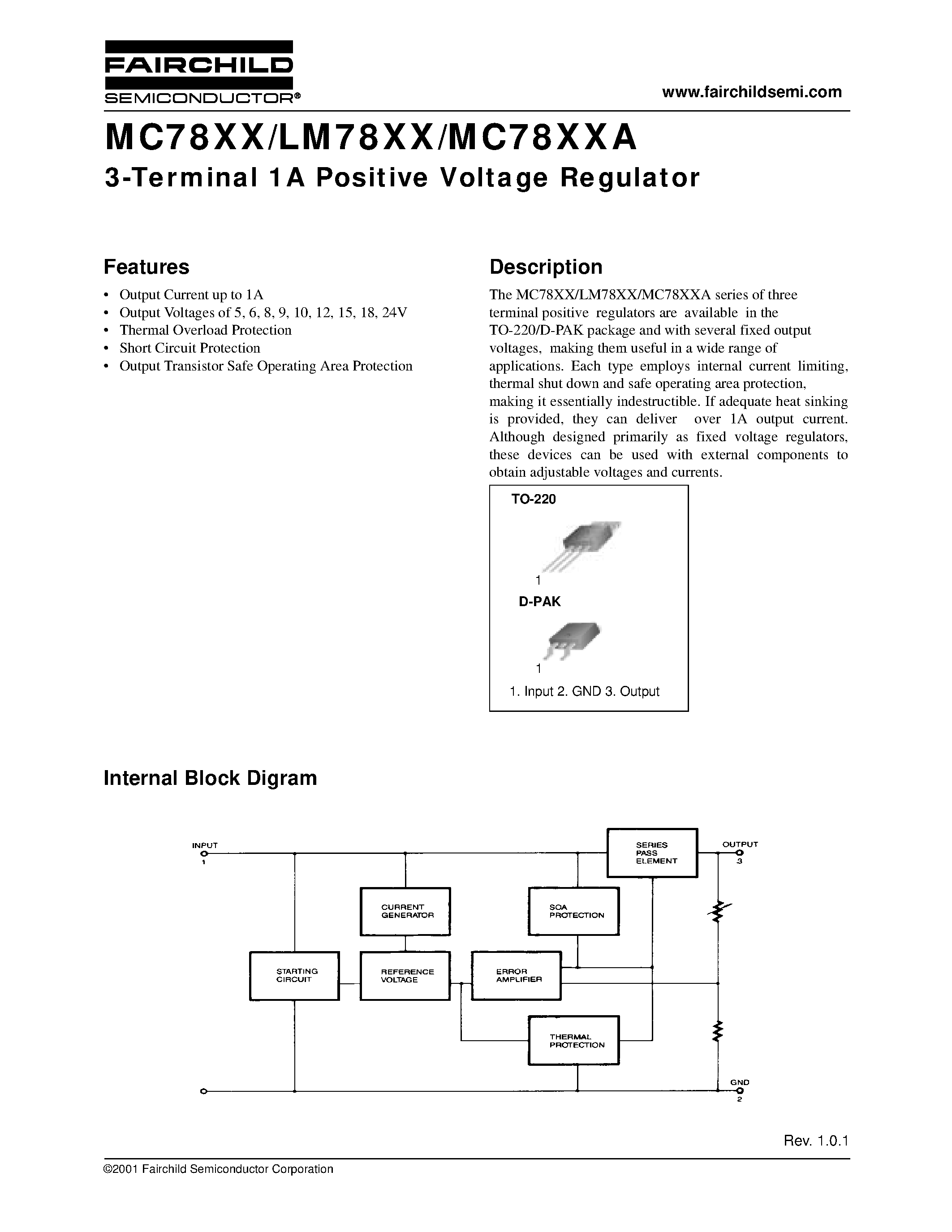 Даташит MC78XX - 3-Terminal 1A Positive Voltage Regulator страница 1