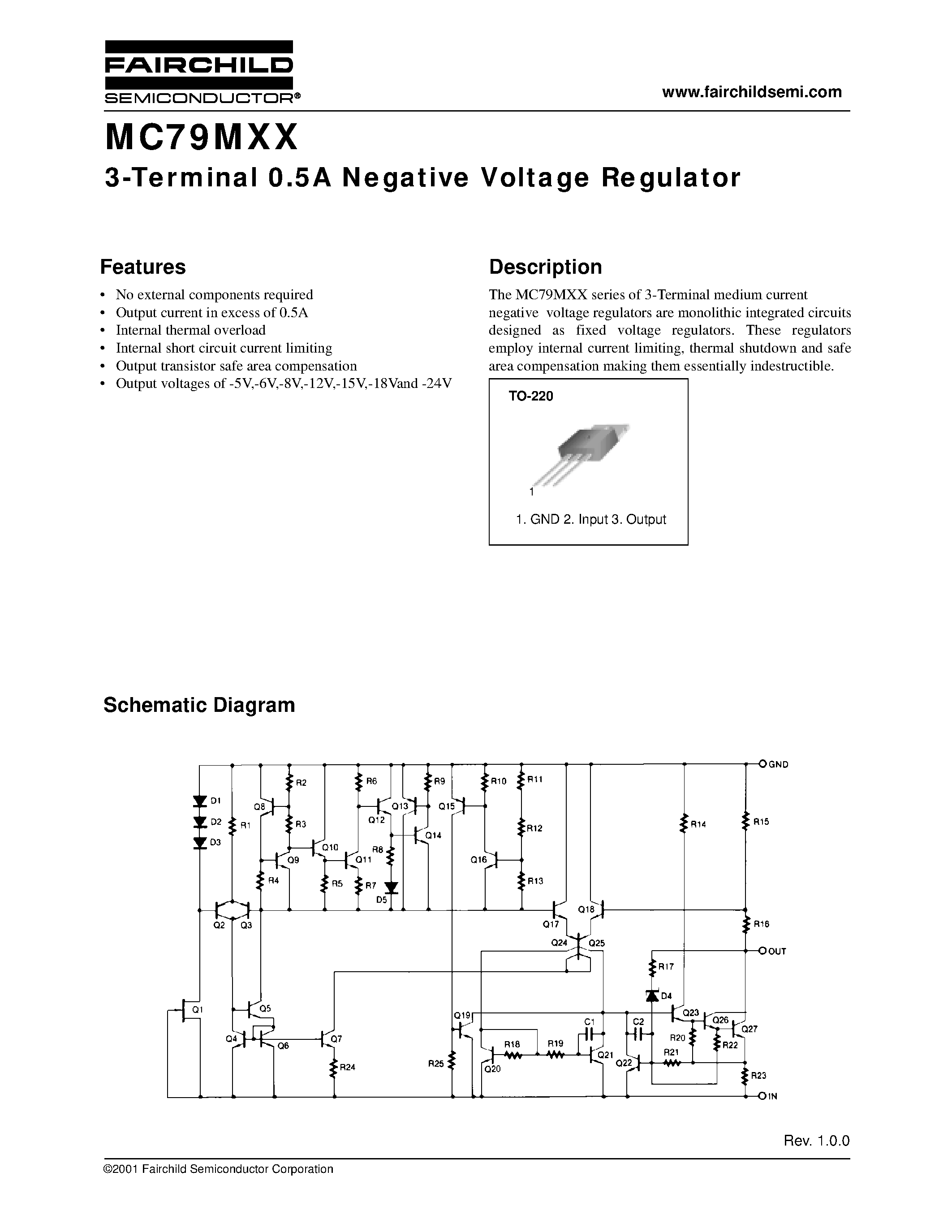Даташит MC79M15CT - 3-Terminal 0.5A Negative Voltage Regulator страница 1