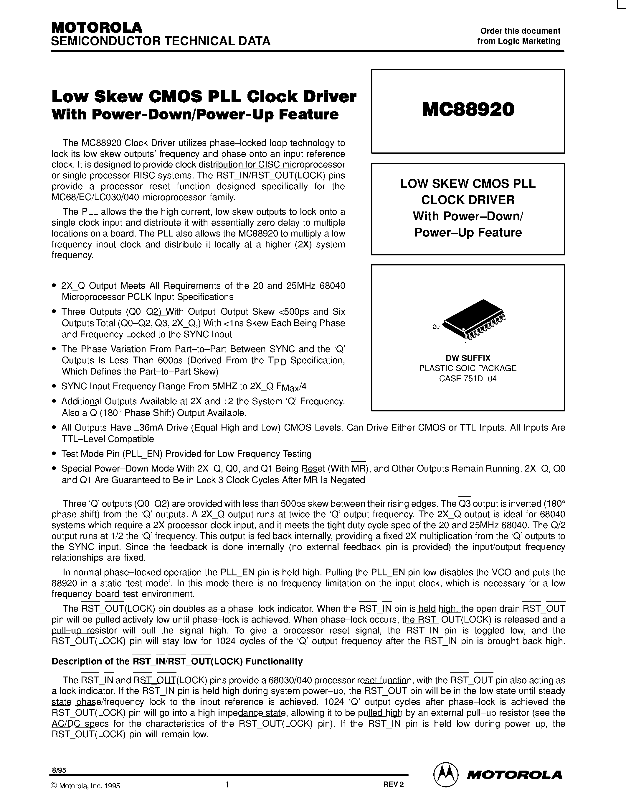 Datasheet MC88920DW - LOW SKEW CMOS PLL CLOCK DRIVER With Power-Down/ Power-Up Feature page 1