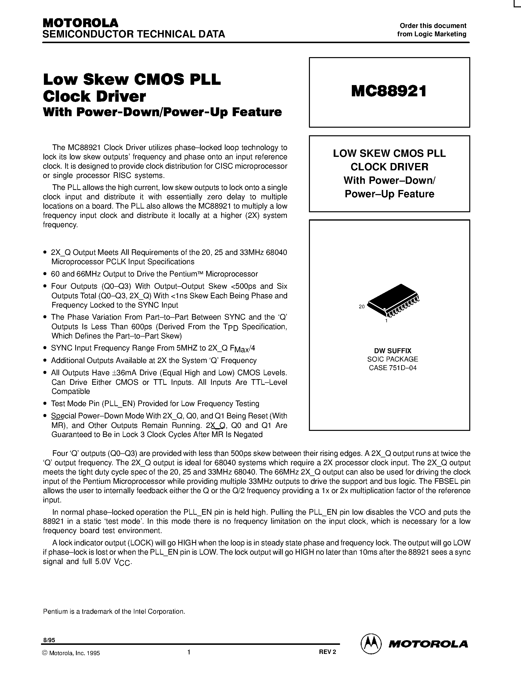 Datasheet MC88921 - LOW SKEW CMOS PLL CLOCK DRIVER With Power-Down/ Power-Up Feature page 1