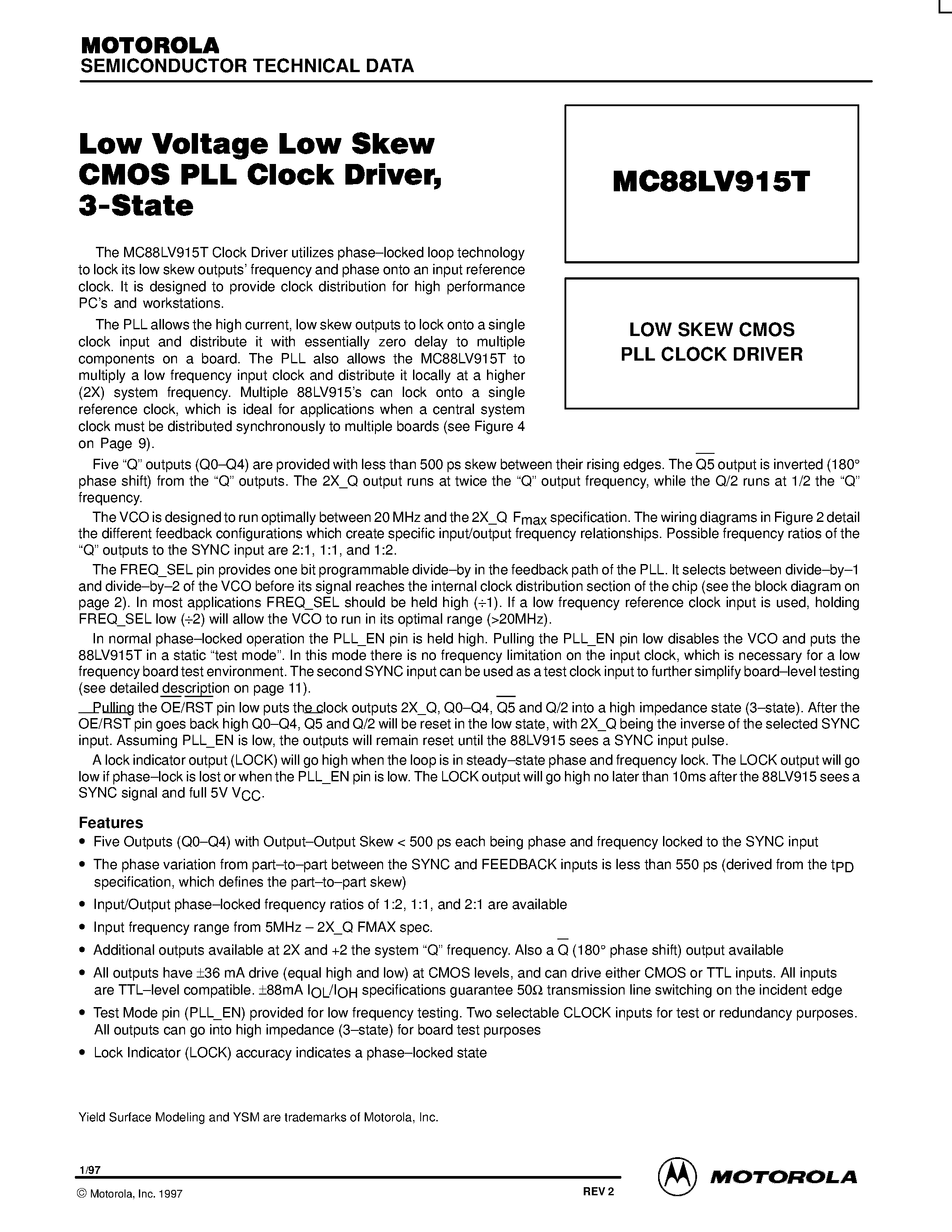 Datasheet MC88LV915 - LOW SKEW CMOS PLL CLOCK DRIVER page 1