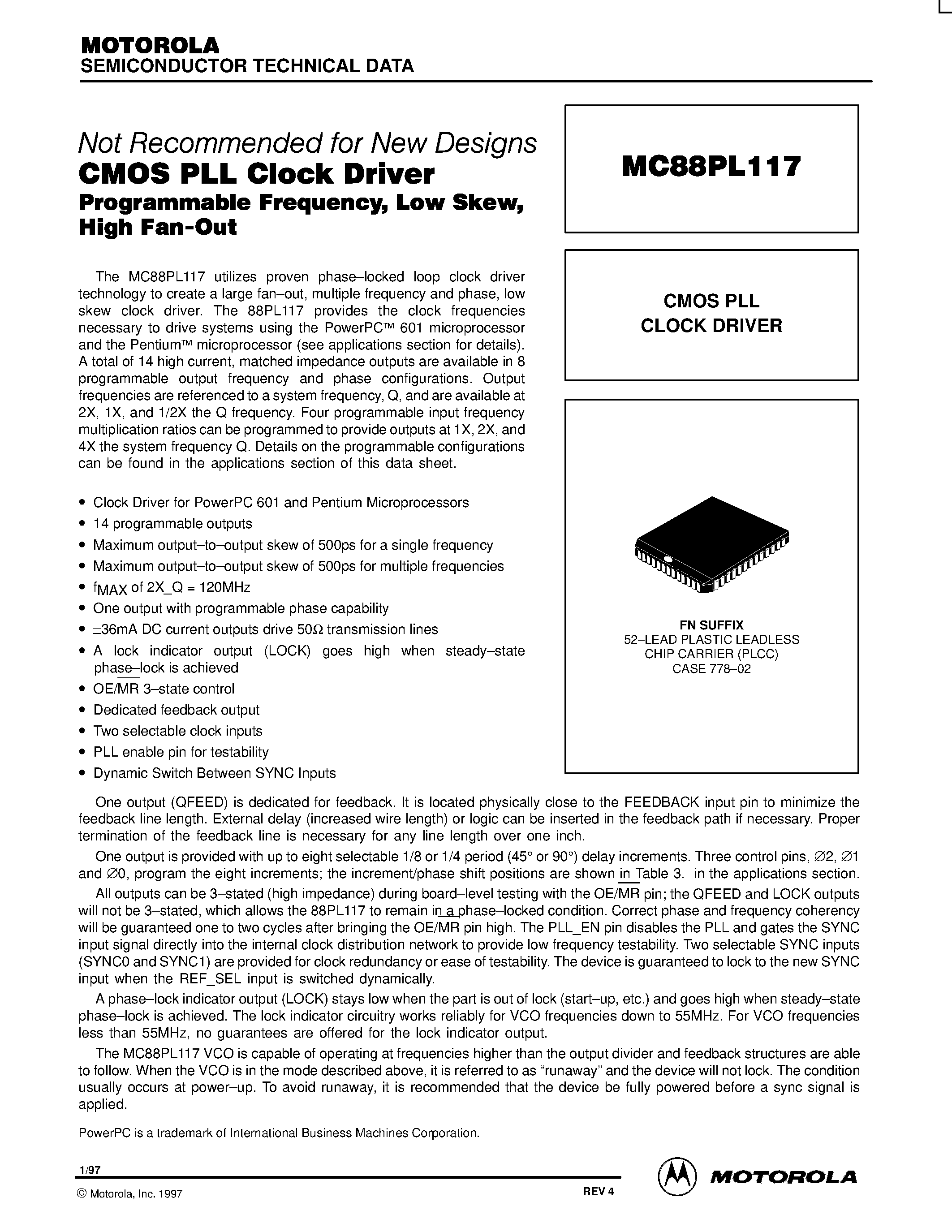 Datasheet MC88PL117 - CMOS PLL CLOCK DRIVER page 1