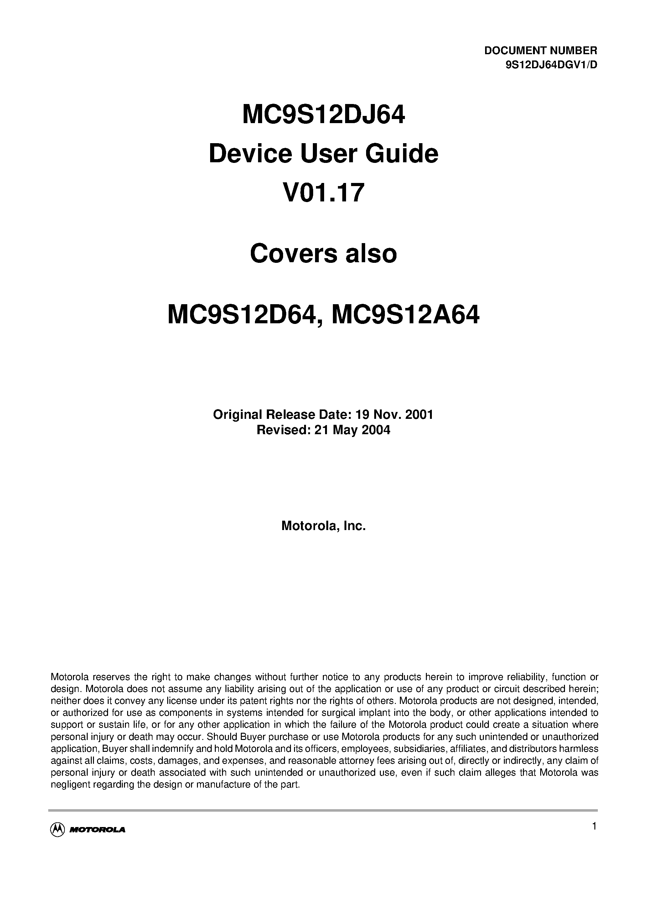 Datasheet MC9S12A64 - MC9S12DJ64 Device User Guide V01.17 page 1