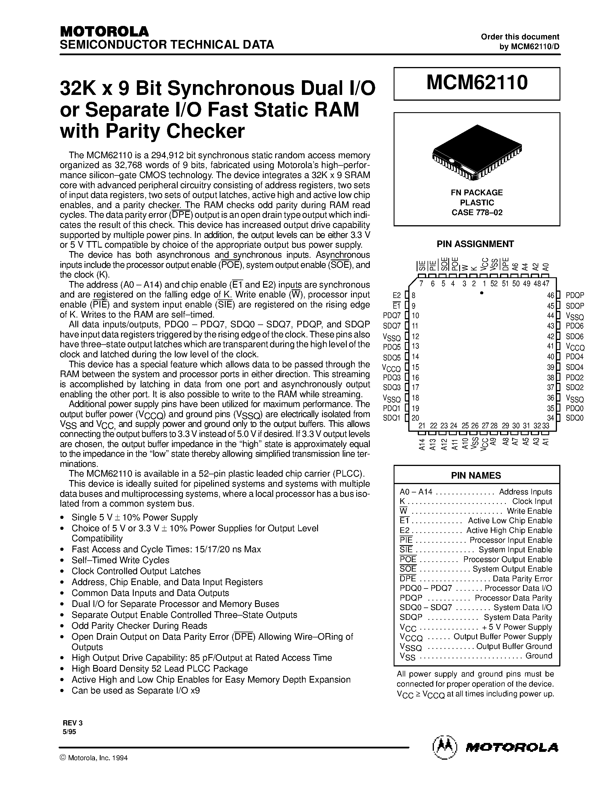 Datasheet MCM62110 - 32K x 9 Bit Synchronous Dual I/O or Separate I/O Fast Static RAM with Parity Checker page 1