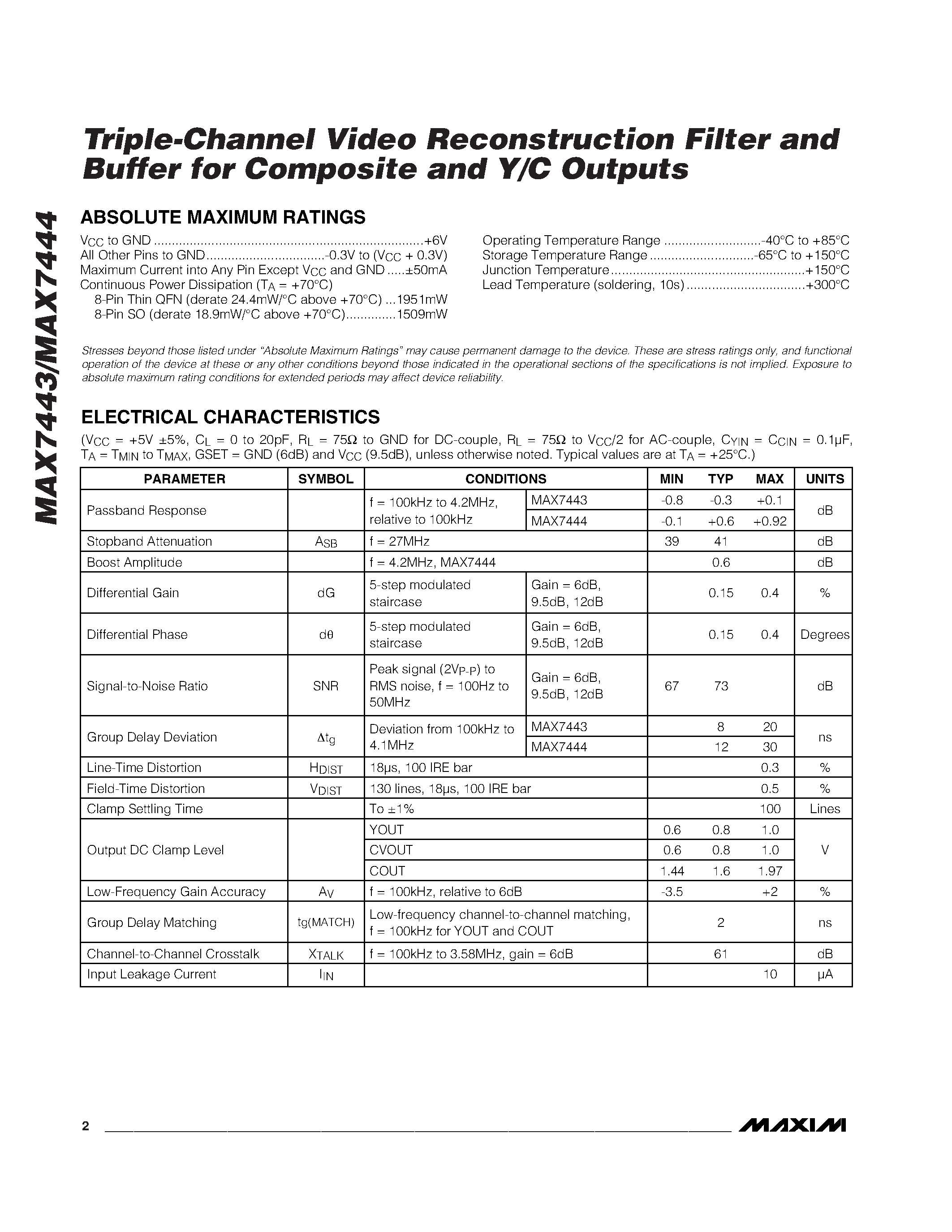 Datasheet MAX7443 - Triple-Channel Video Reconstruction Filter and Buffer for Composite and Y/C Outputs page 2