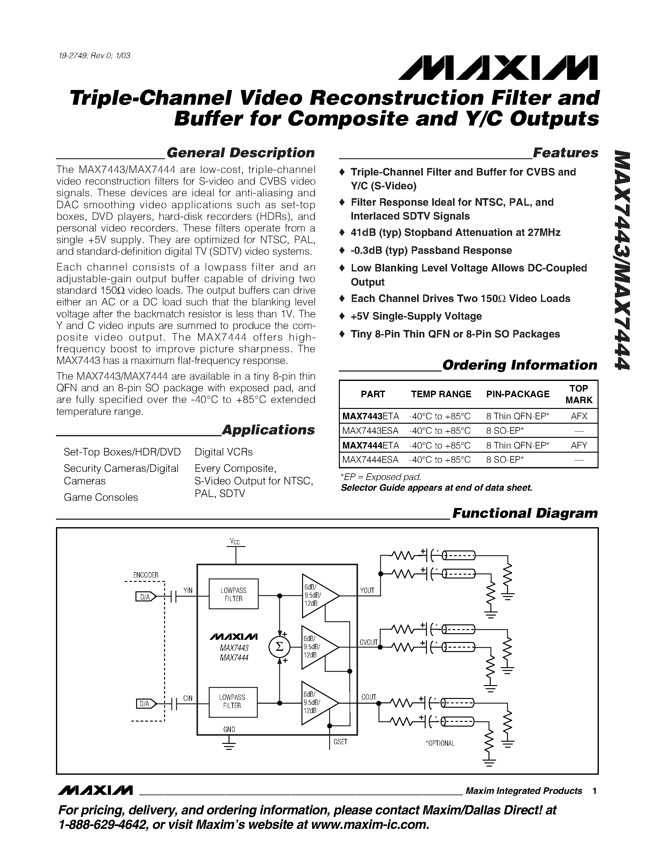 Datasheet MAX7444ESA - Triple-Channel Video Reconstruction Filter and Buffer for Composite and Y/C Outputs page 1