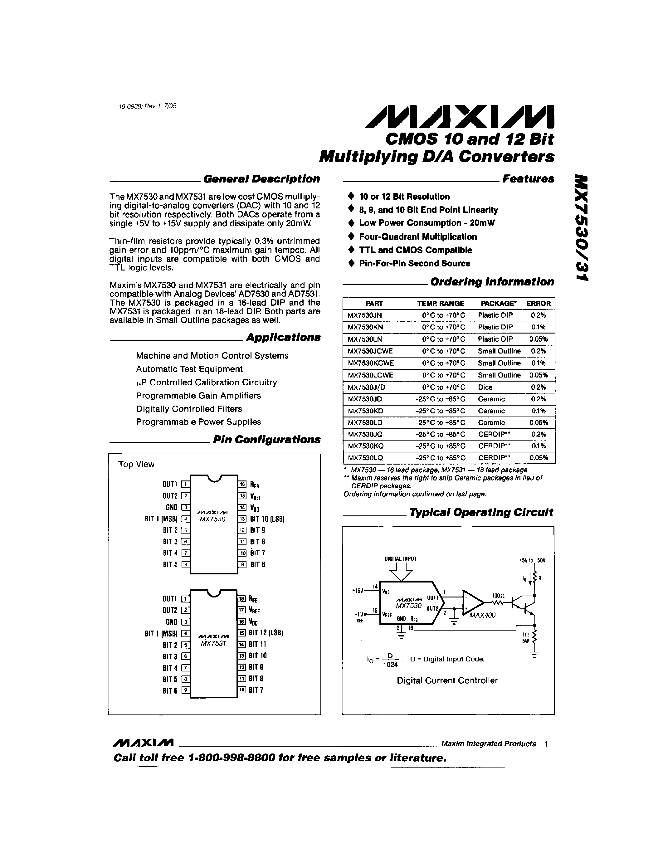 Datasheet MAX7530J/D - CMOS 10 and 12 Bit Multiplying D/a Converters page 1