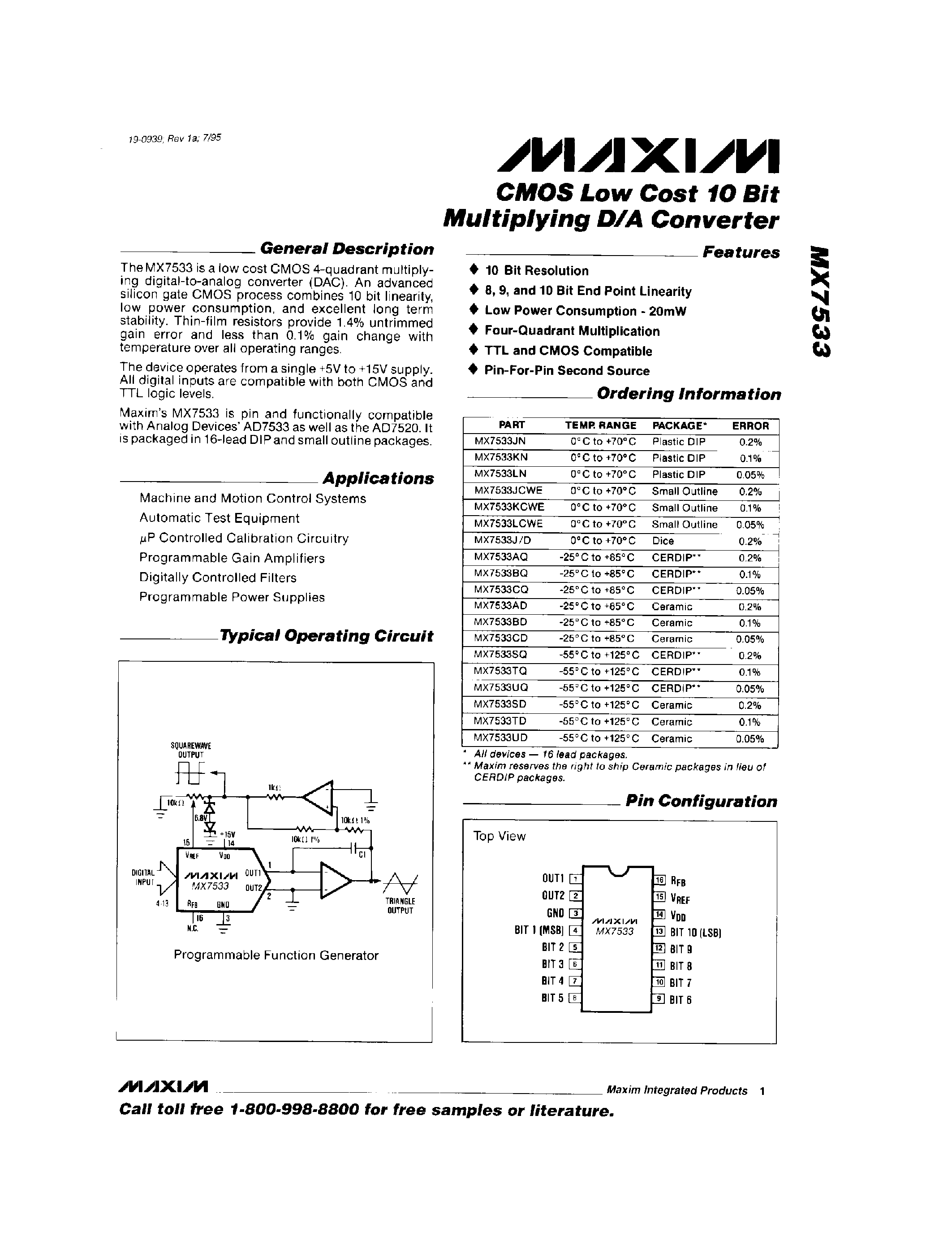Datasheet MAX7533J/D - CMOS Low Cost 10 Bit Multiplying D/A Converter page 1