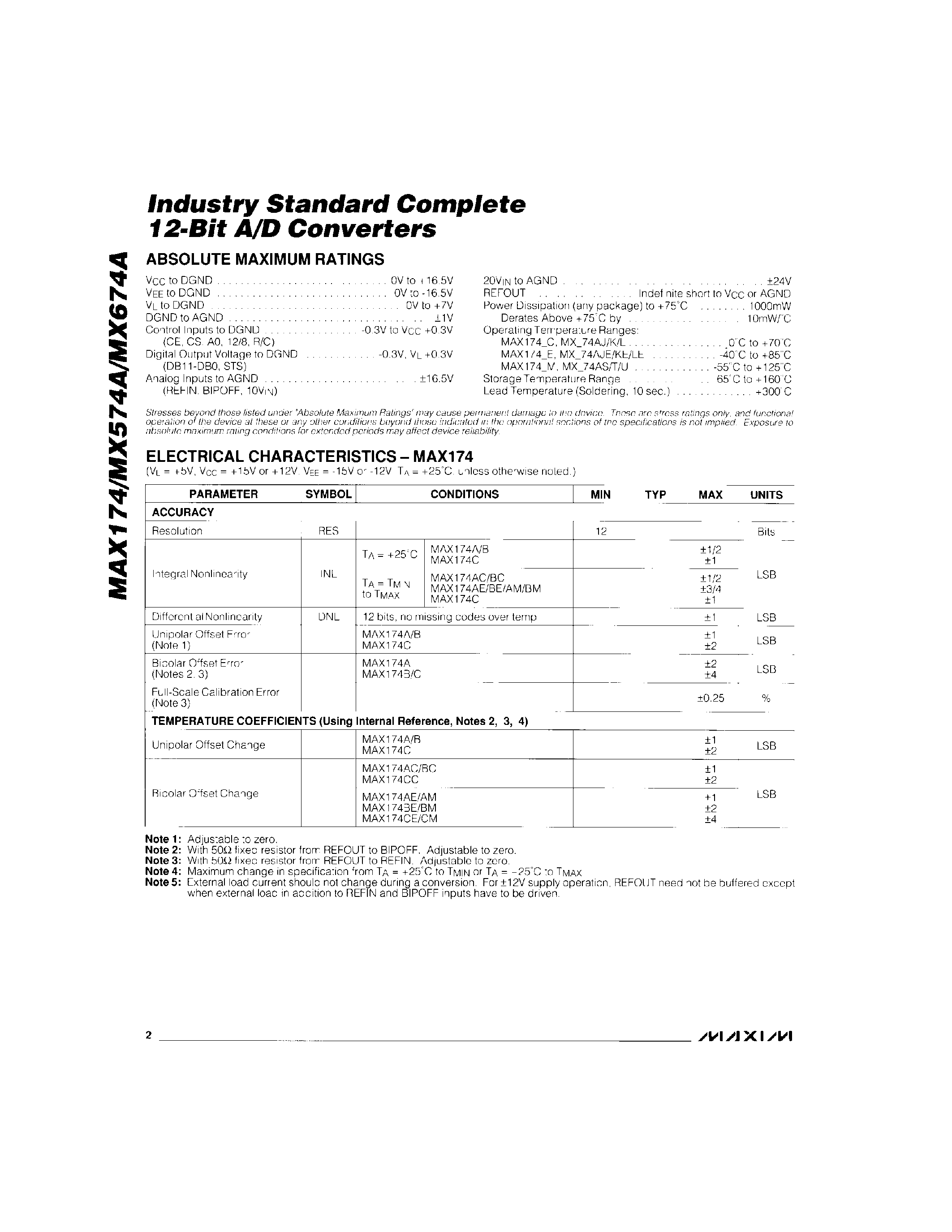 Datasheet MAX674AK/D - Industry Standard Complete 12-Bit A/D Converters page 2