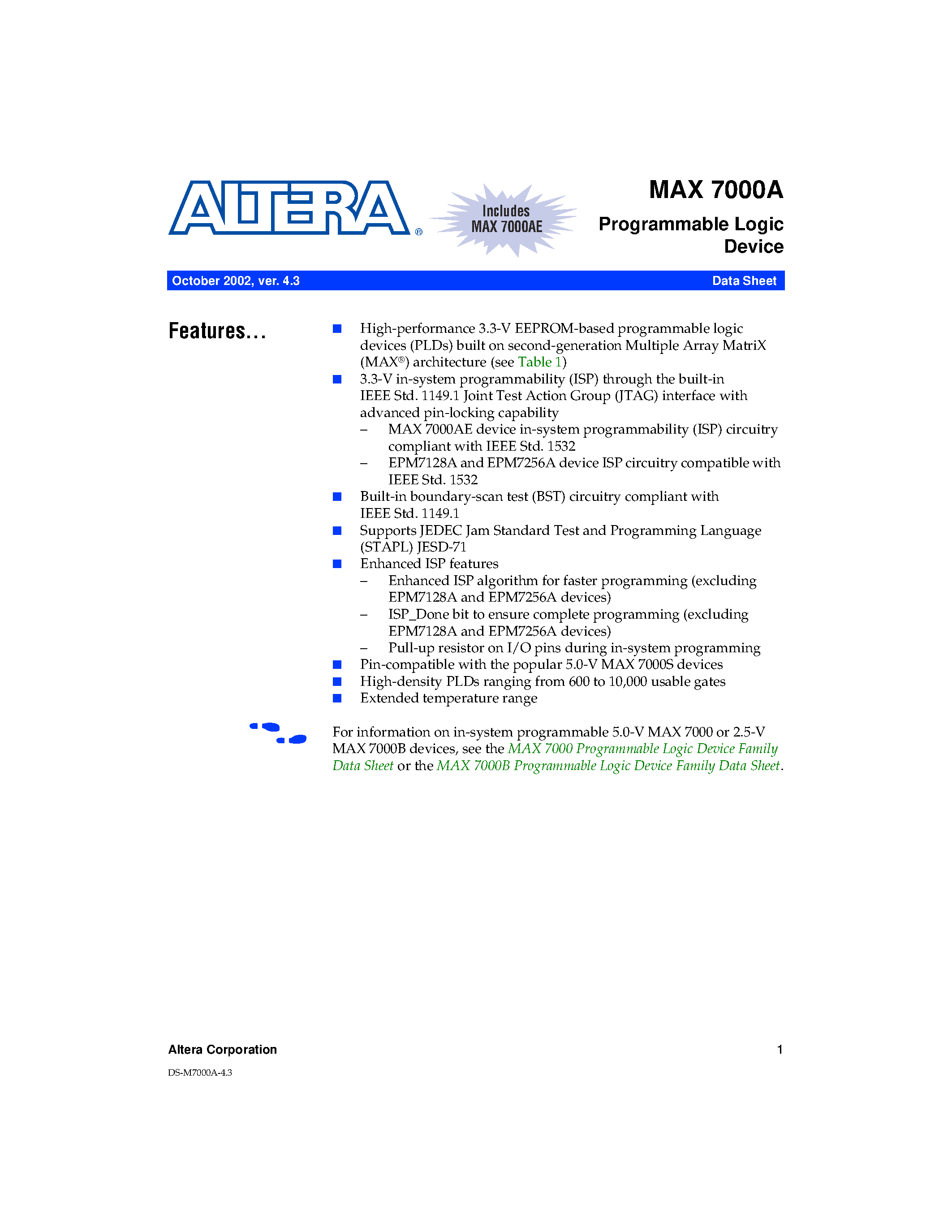 Datasheet MAX7000A - Programmable Logic Device page 1