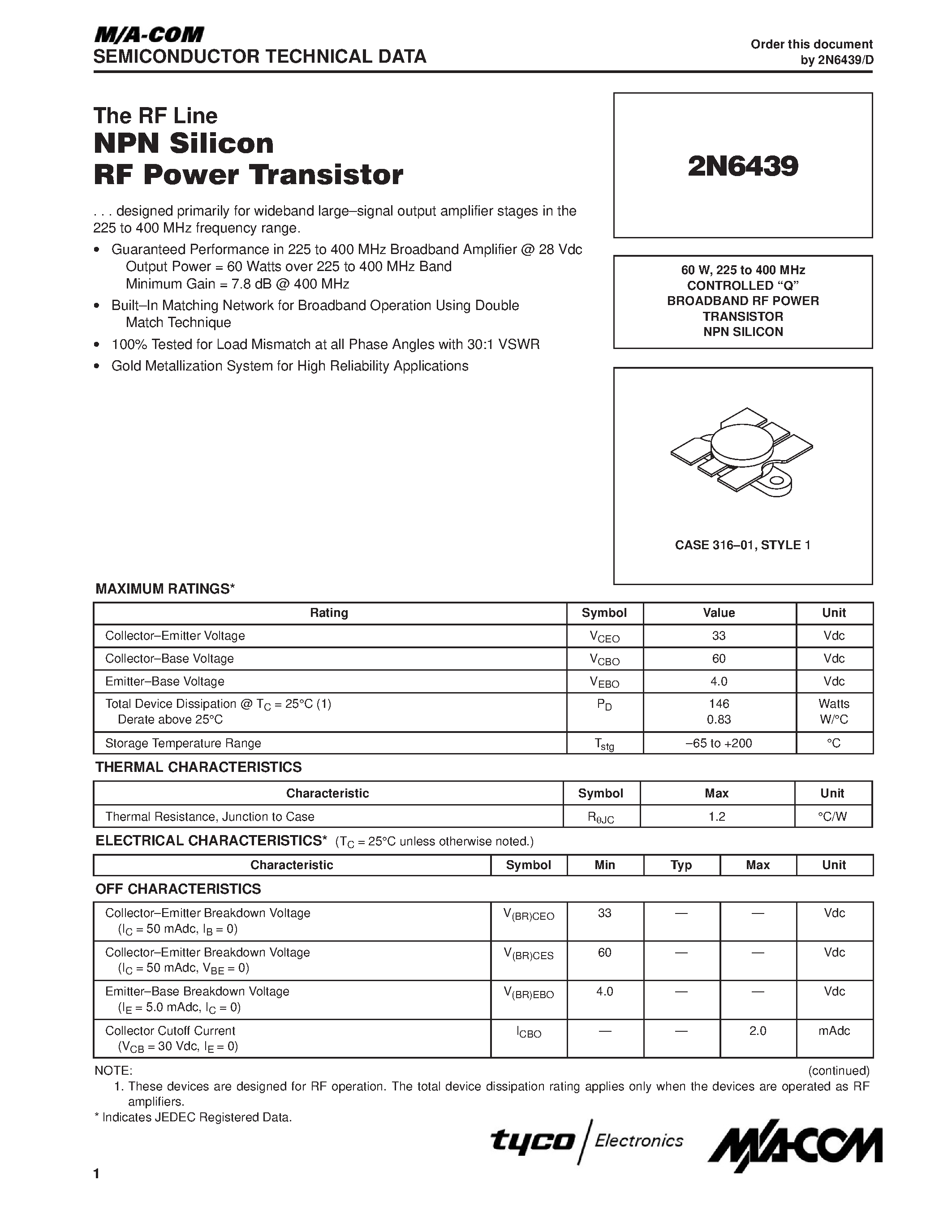Datasheet M306N0FGTFP - 60 W / 225 to 400 MHz CONTROLLED Q BROADBAND RF POWER TRANSISTOR NPN SILICON page 1