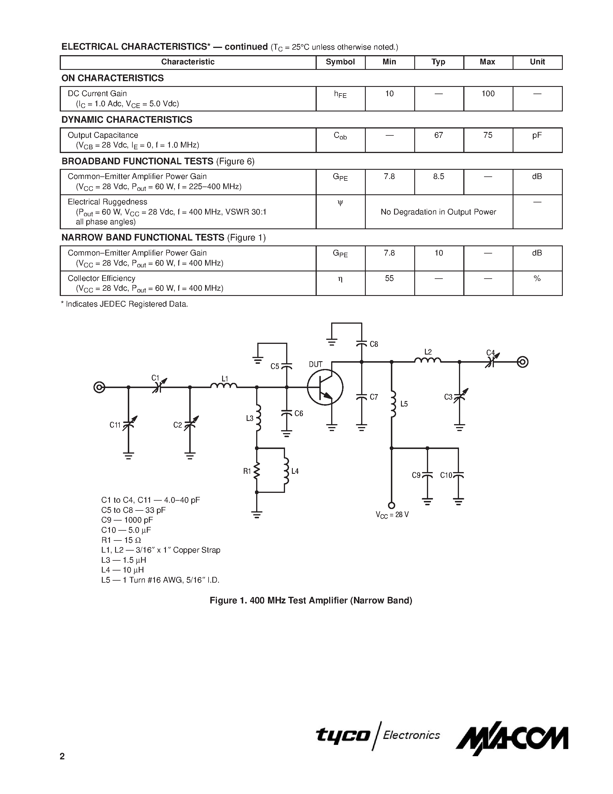 Datasheet M306N0MCT - 60 W / 225 to 400 MHz CONTROLLED Q BROADBAND RF POWER TRANSISTOR NPN SILICON page 2