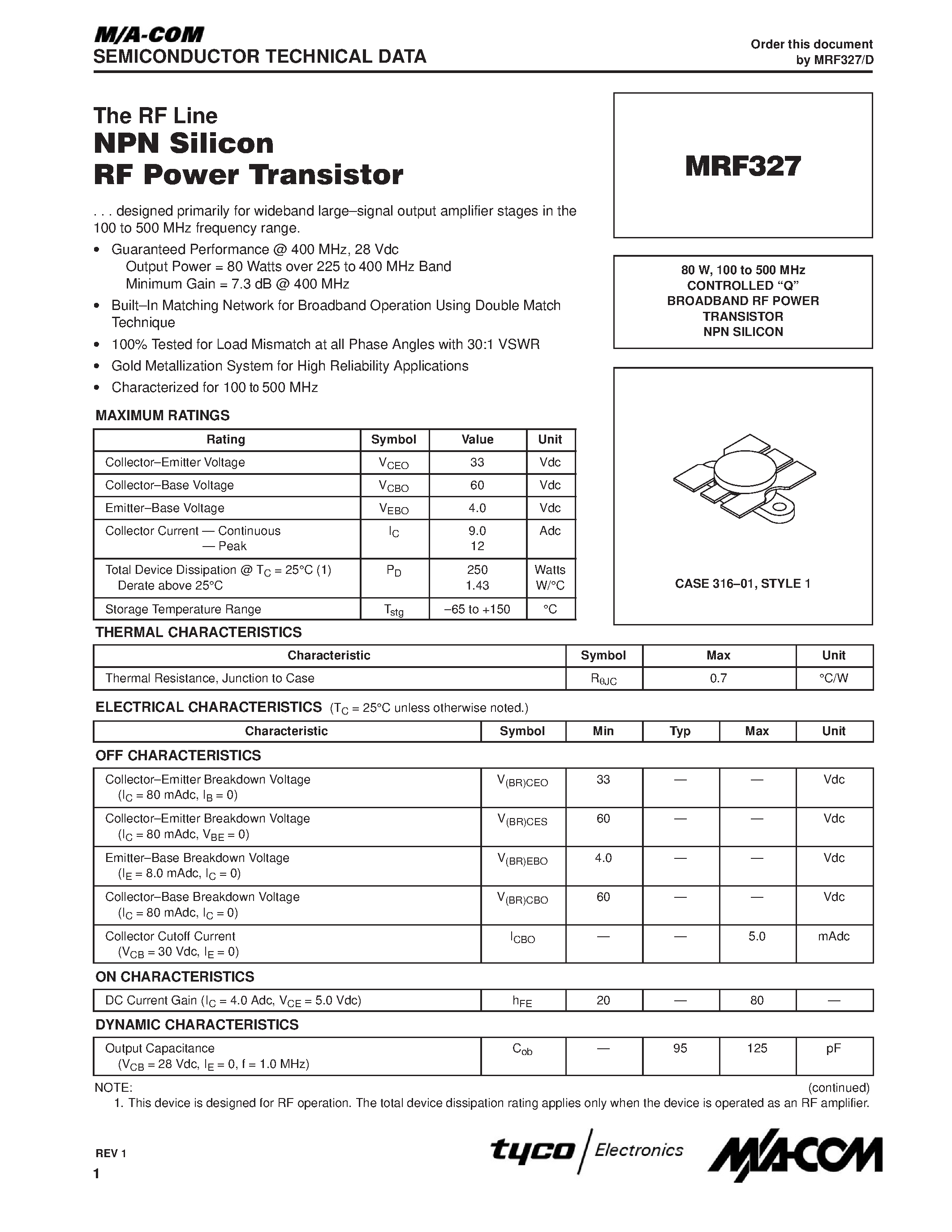 Datasheet M32000D4AFP - CONTROLLED Q BROADBAND RF POWER TRANSISTOR NPN SILICON page 1