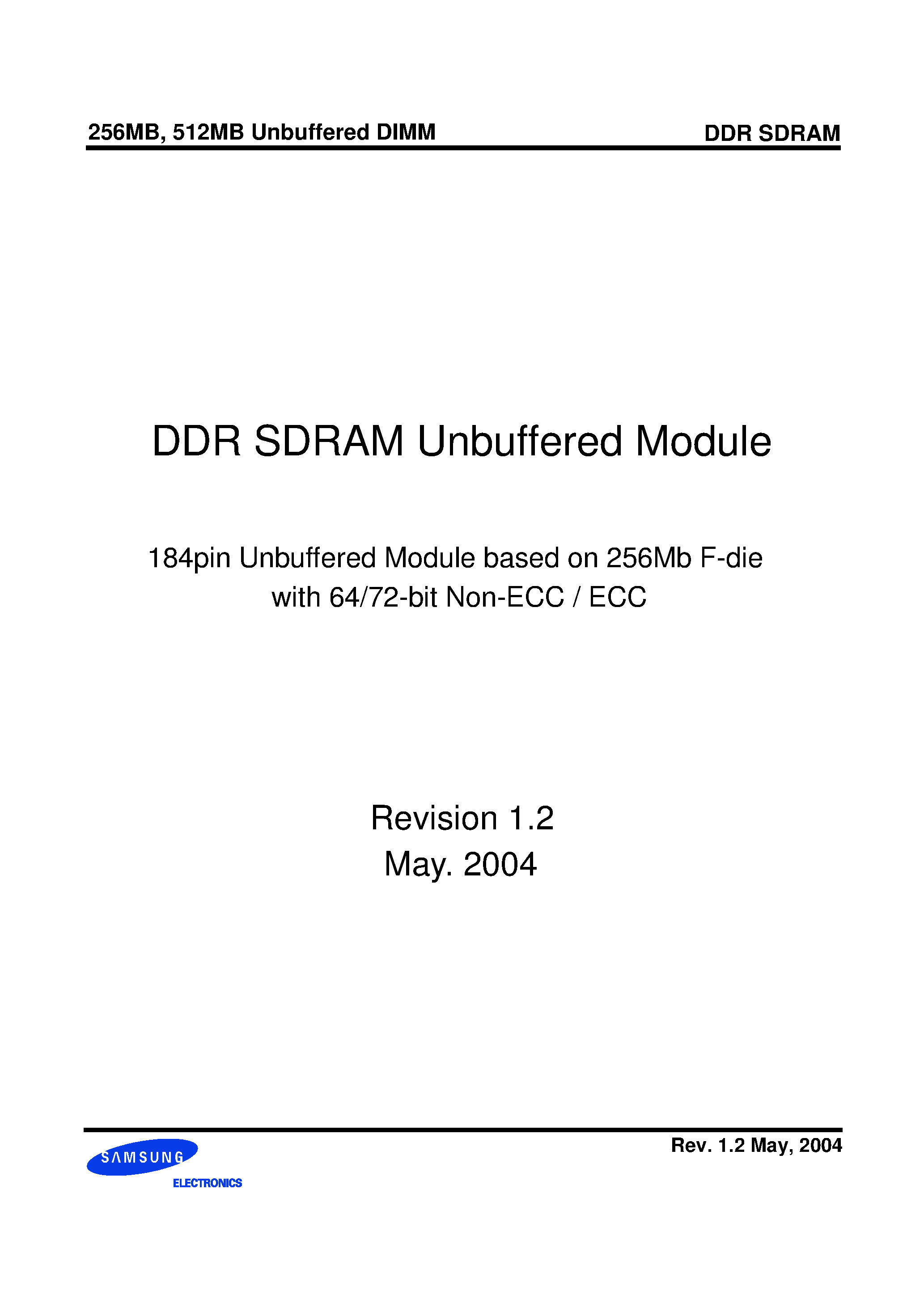 Даташит M368L1624FTM - 184pin Unbuffered Module based on 256Mb F-die with 64/72-bit Non-ECC / ECC страница 1
