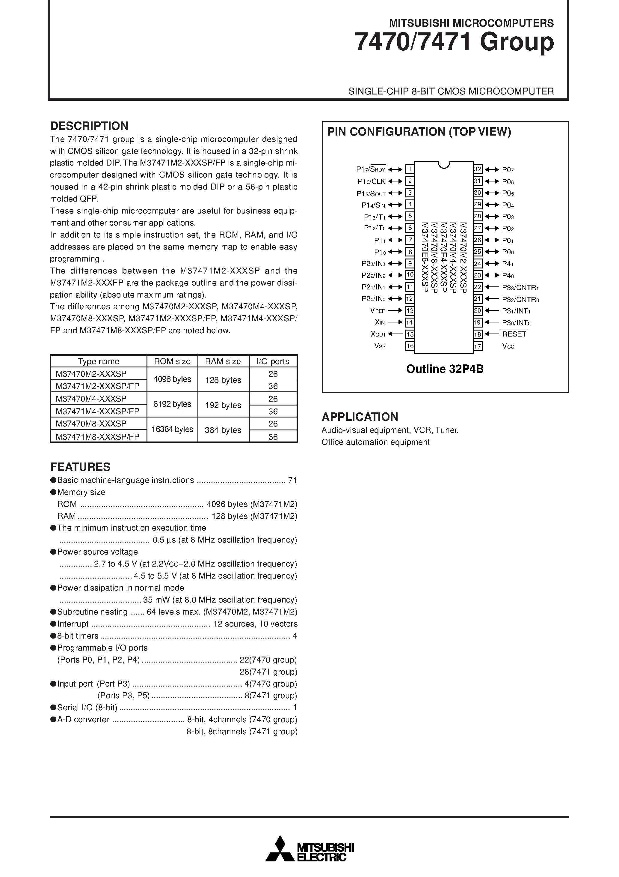 Даташит M37470M4-743SP - SINGLE-CHIP 8-BIT CMOS MICROCOMPUTER страница 1