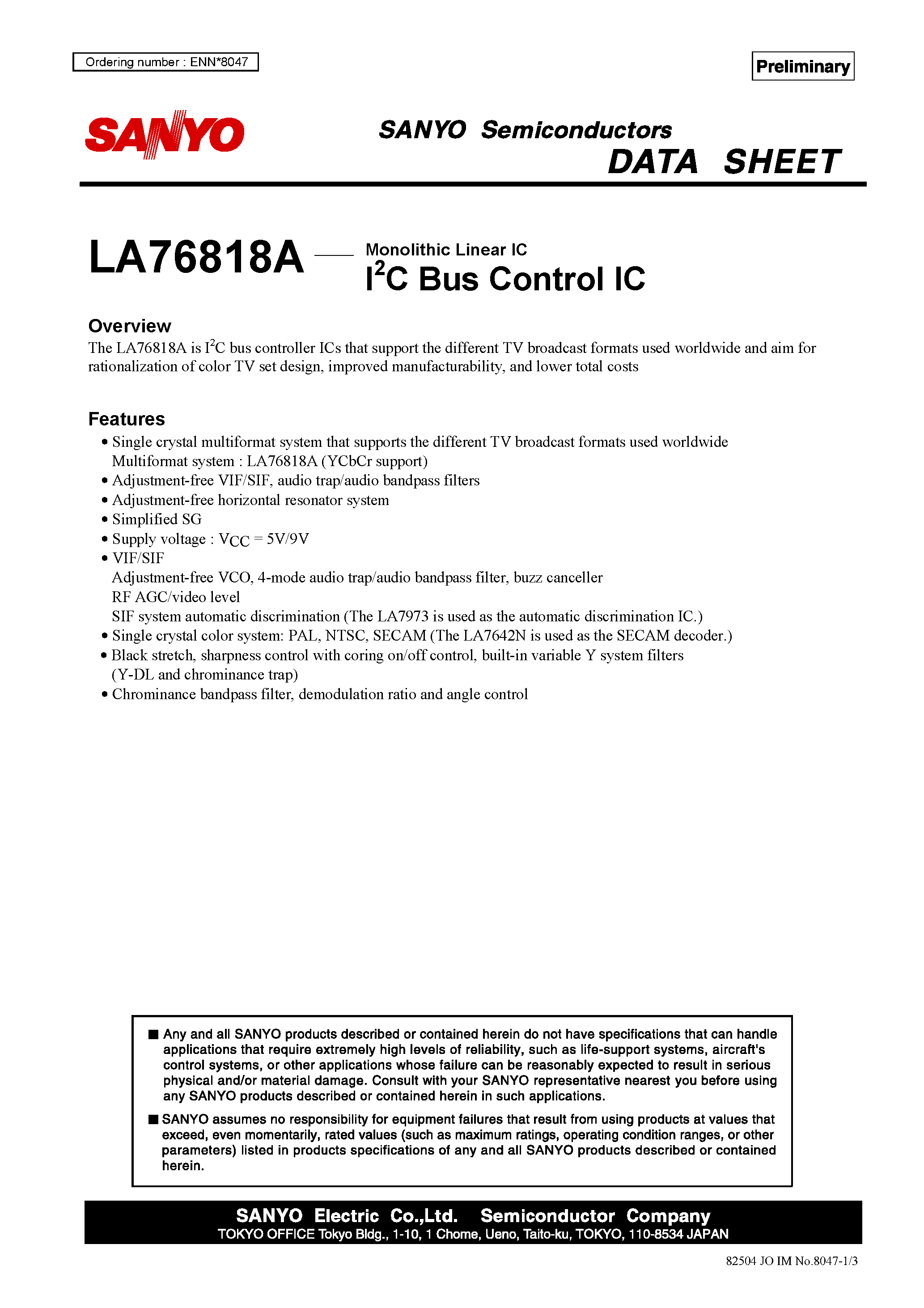 Datasheet LA76818A - Monolithic Linear IC / I2C Bus Control IC page 1