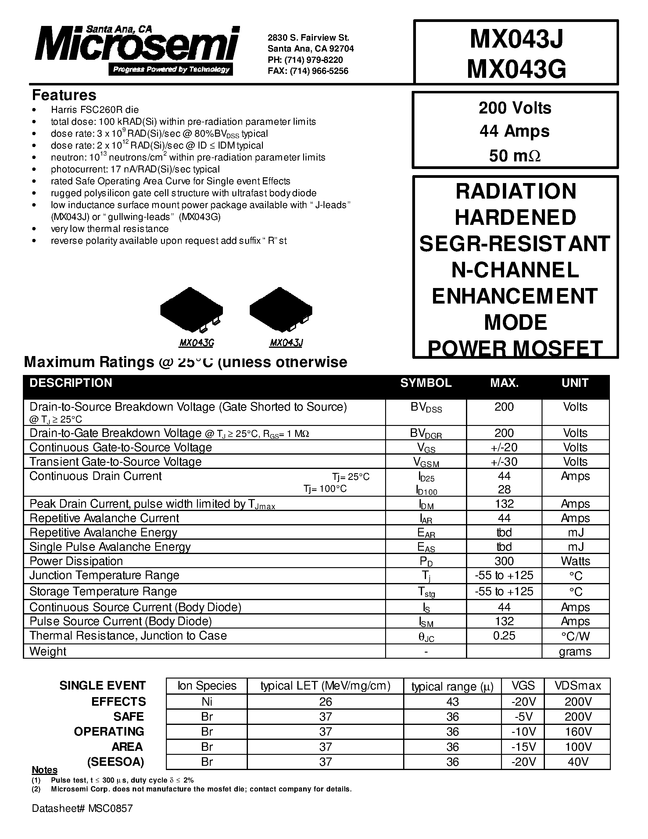 Datasheet MX043 - RADIATION HARDENED SEGR-RESISTANT N-CHANNEL ENHANCEMENT MODE POWER MOSFET page 1