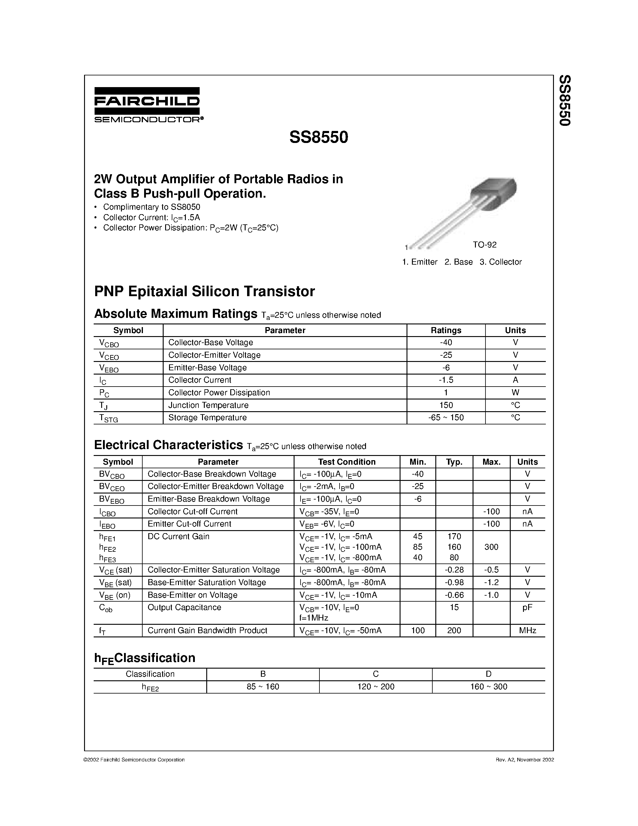 Datasheet SS8550 - 2W Output Amplifier of Portable Radios in Class B Push-pull Operation page 1