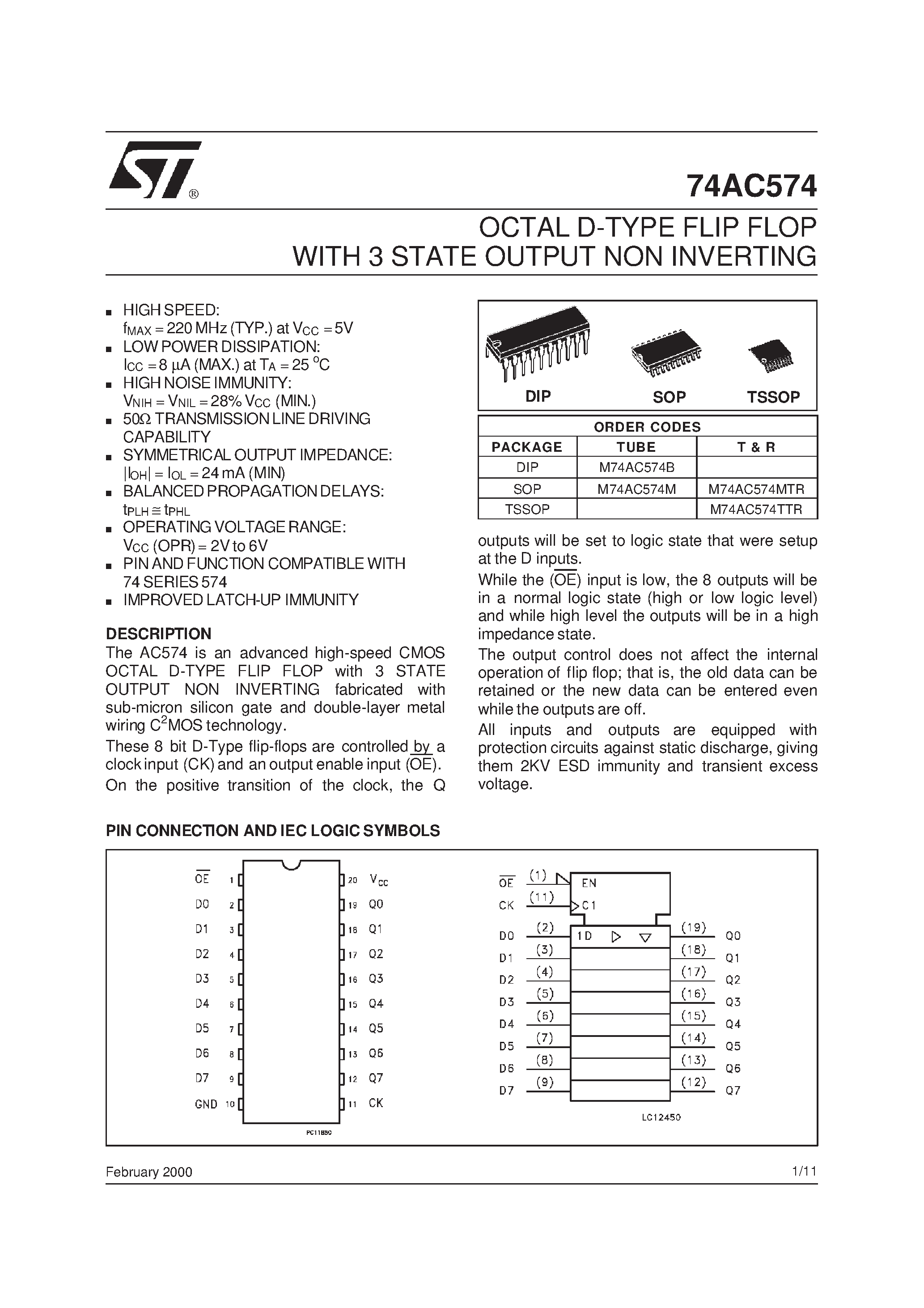 Datasheet M74AC574B - OCTAL D-TYPE FLIP FLOP WITH 3 STATE OUTPUT NON INVERTING page 1