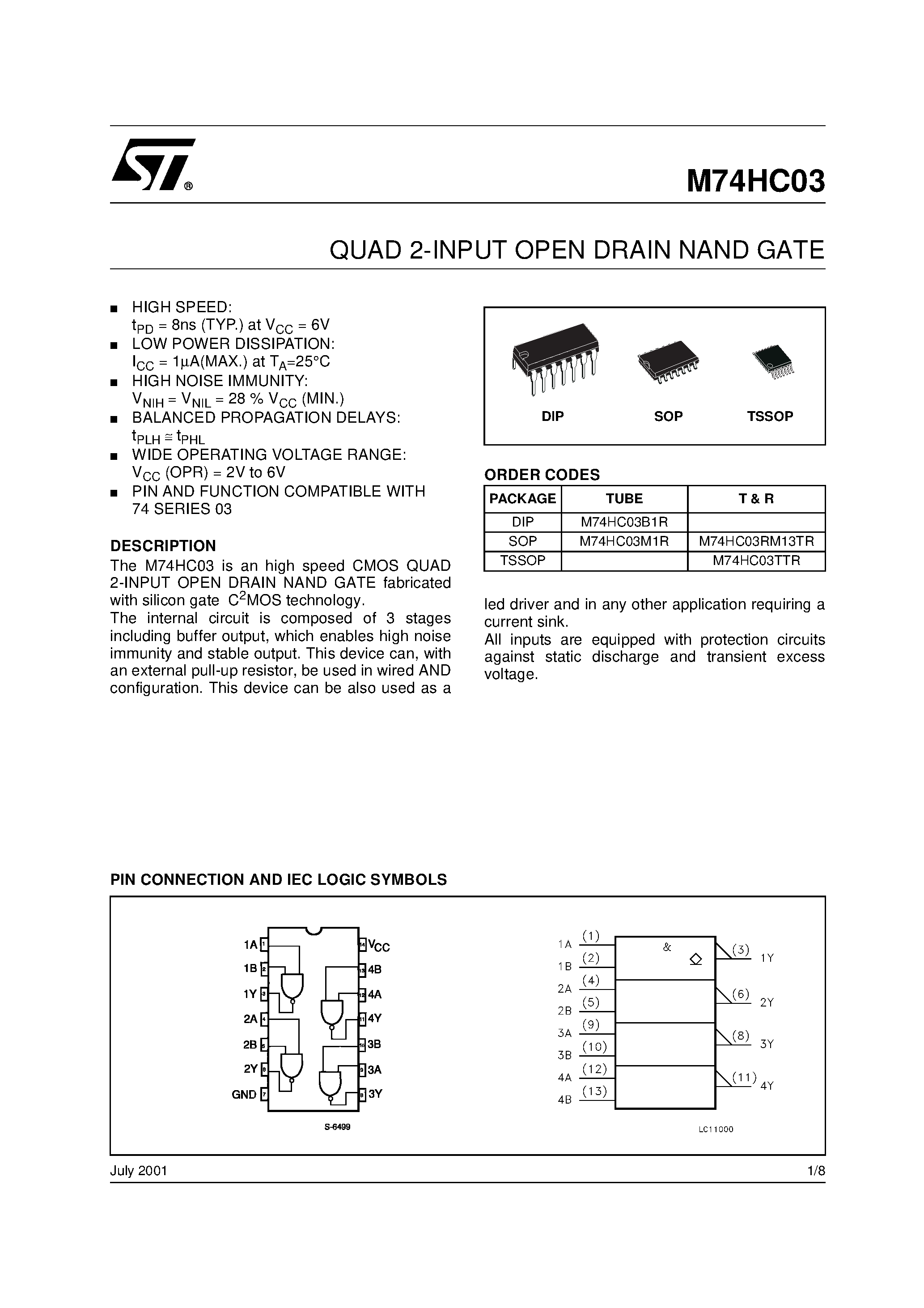 Даташит M74HC03 - QUAD 2-INPUT OPEN DRAIN NAND GATE страница 1