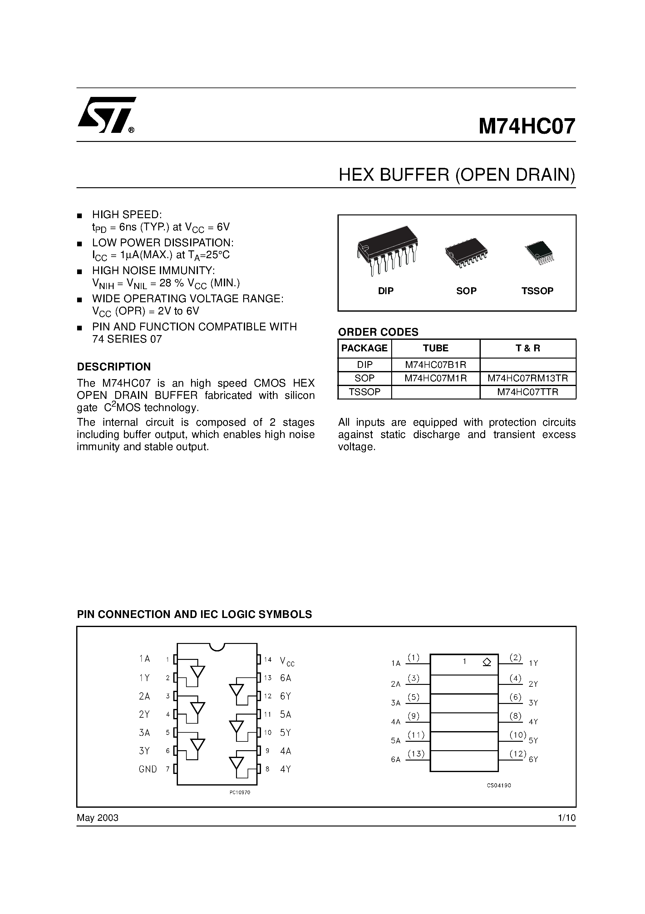 Даташит M74HC07 - HEX BUFFER OPEN DRAIN страница 1