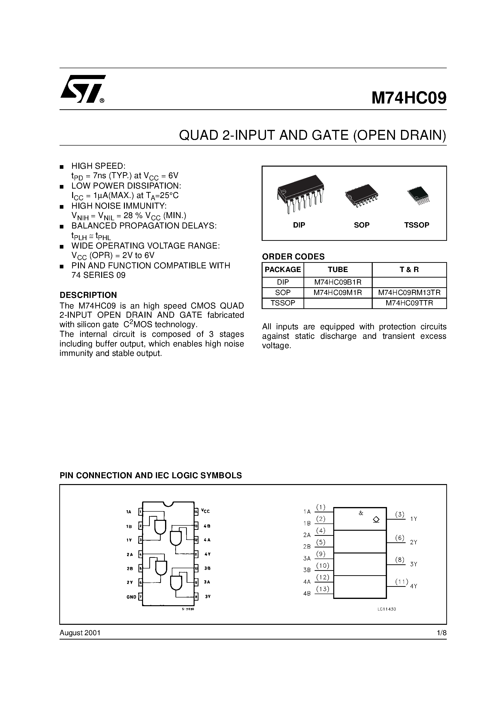 Даташит M74HC09 - QUAD 2-INPUT AND GATE OPEN DRAIN страница 1