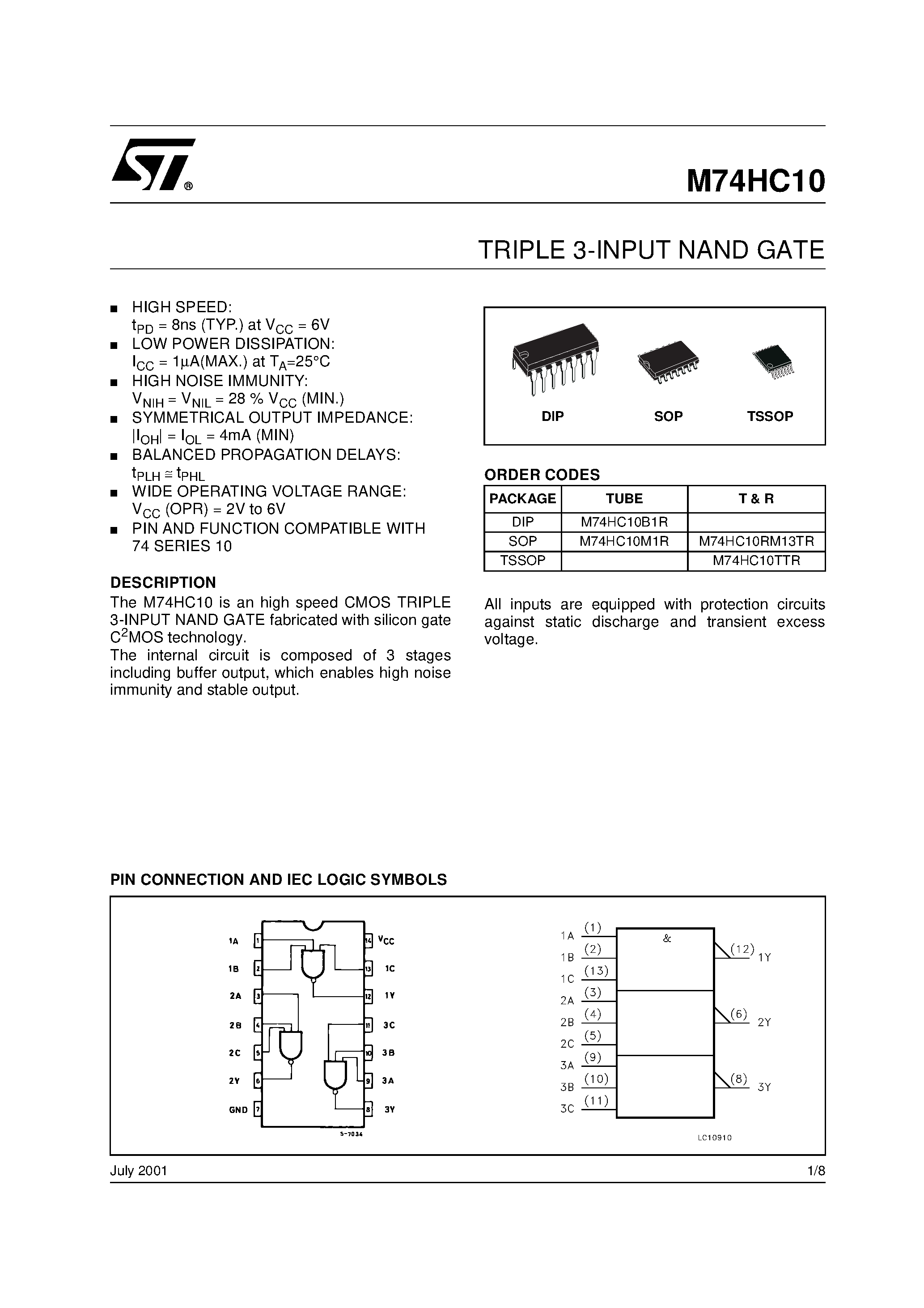 Даташит M74HC10 - TRIPLE 3-INPUT NAND GATE страница 1