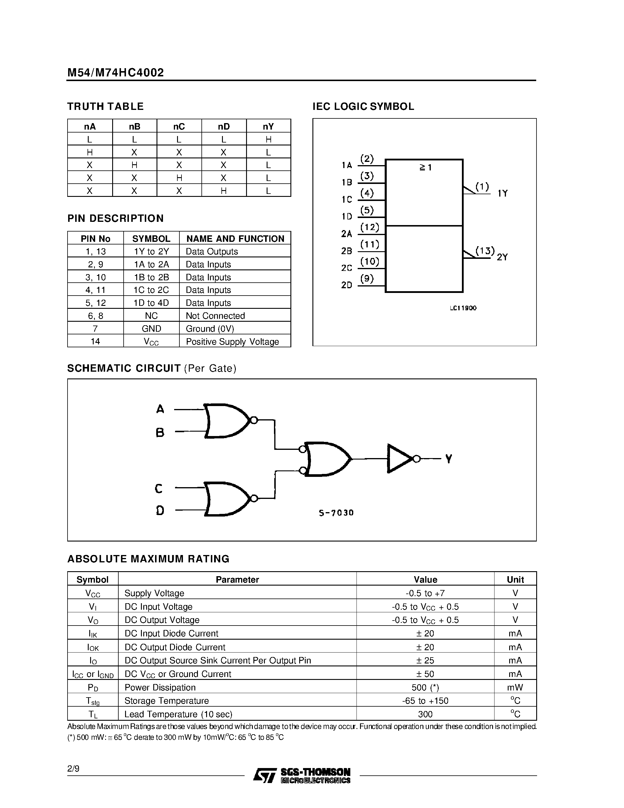 Datasheet M74HC4002 - DUAL 4 INPUT NOR GATE page 2