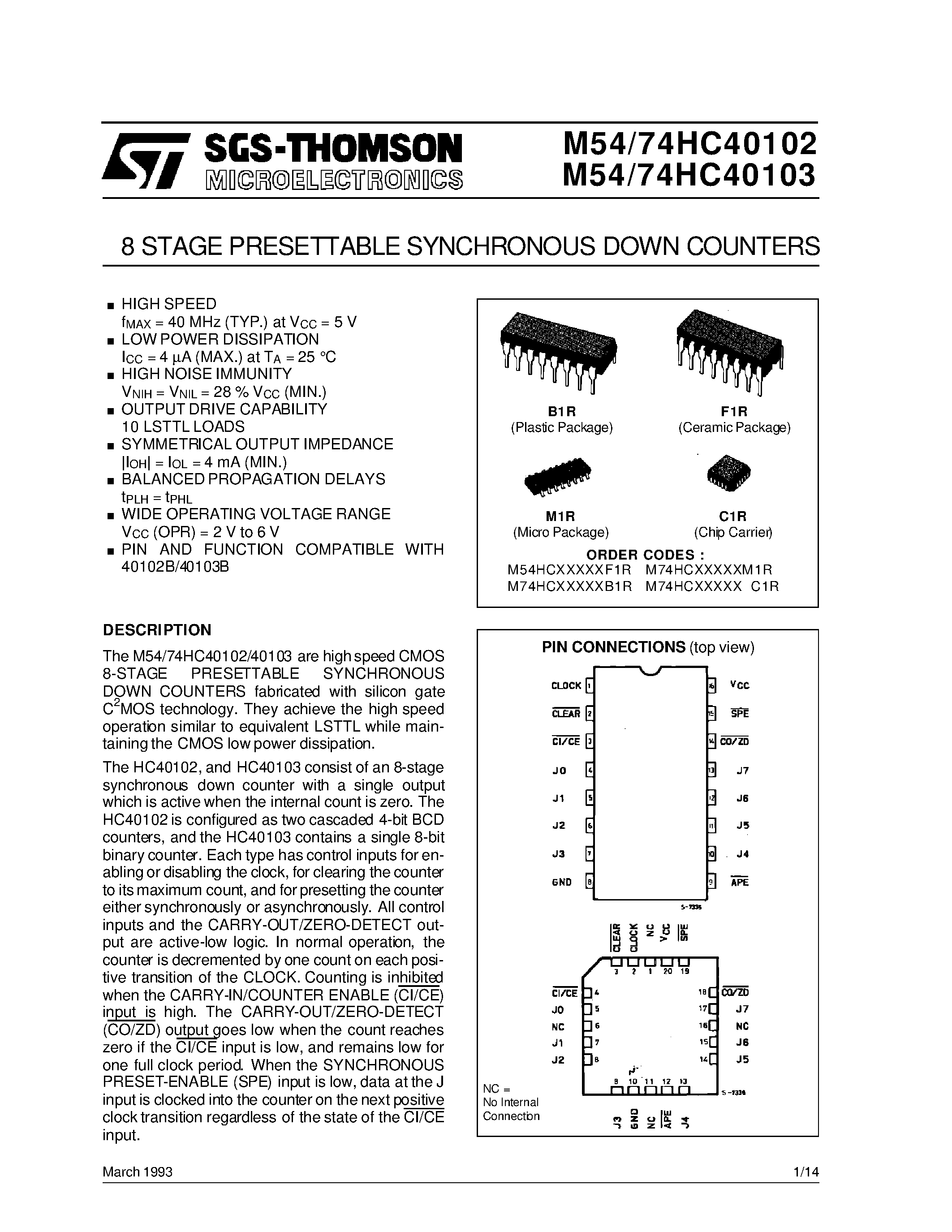 Datasheet M74HC40102 - 8 STAGE PRESETTABLE SYNCHRONOUS DOWN COUNTERS page 1