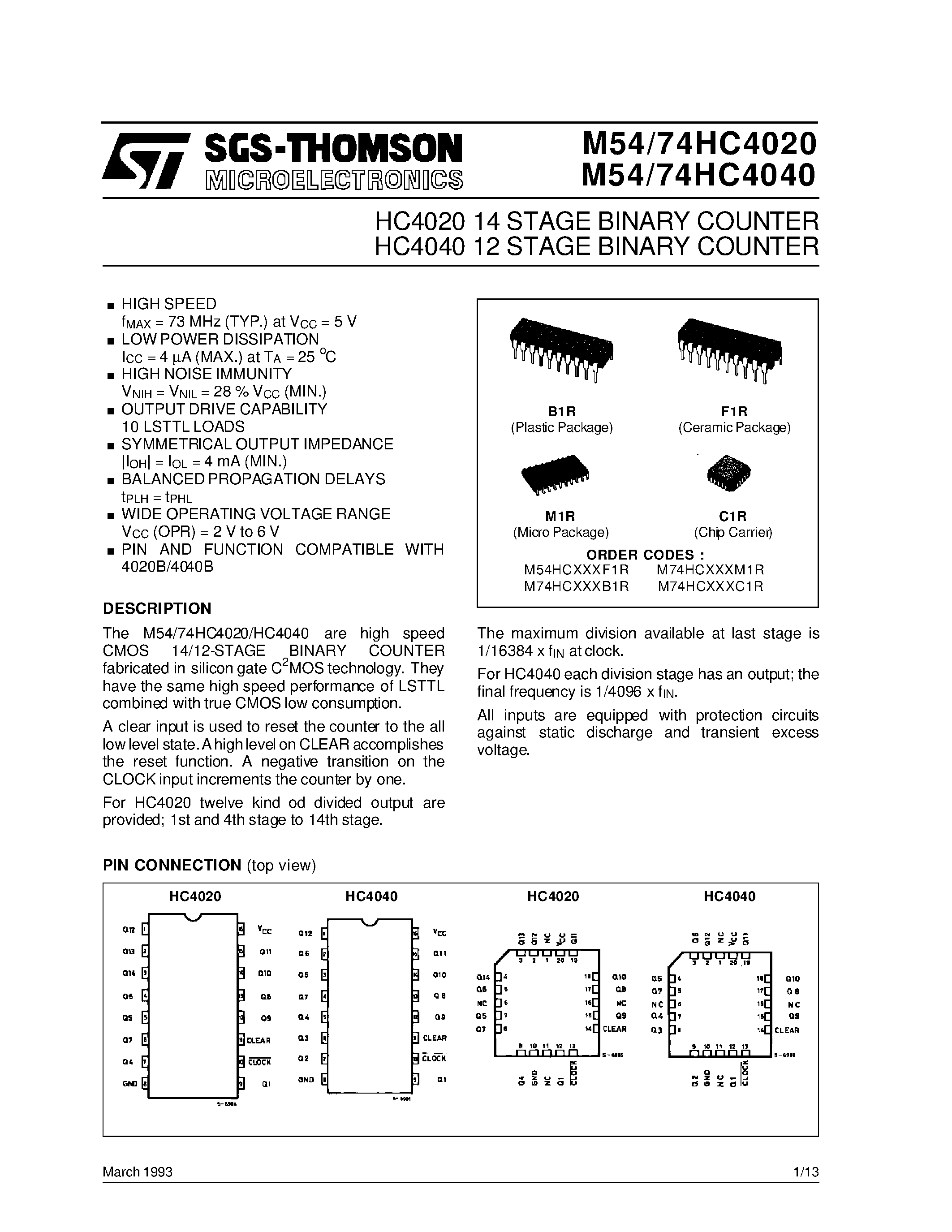 Datasheet M74HC4020 - HC4020 14 STAGE BINARY COUNTER HC4040 12 STAGE BINARY COUNTER page 1