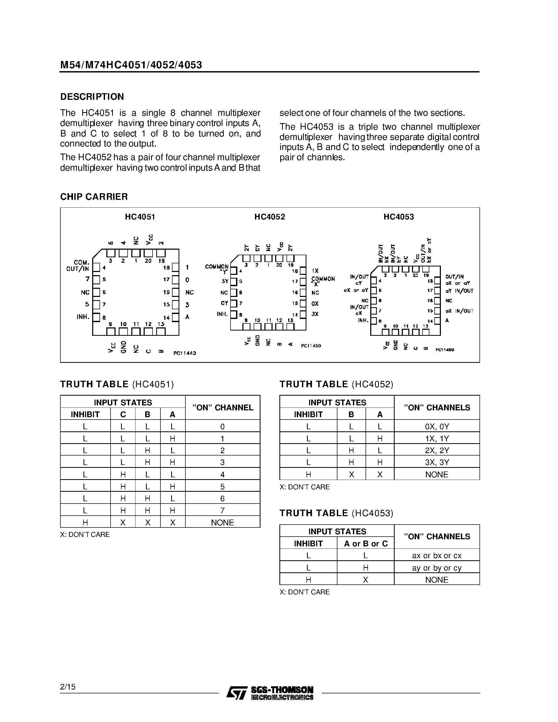 Datasheet M74HC4052B1R - DUAL 4-CHANNEL ANALOG MULTIPLEXER/DEMULTIPLEXER page 2