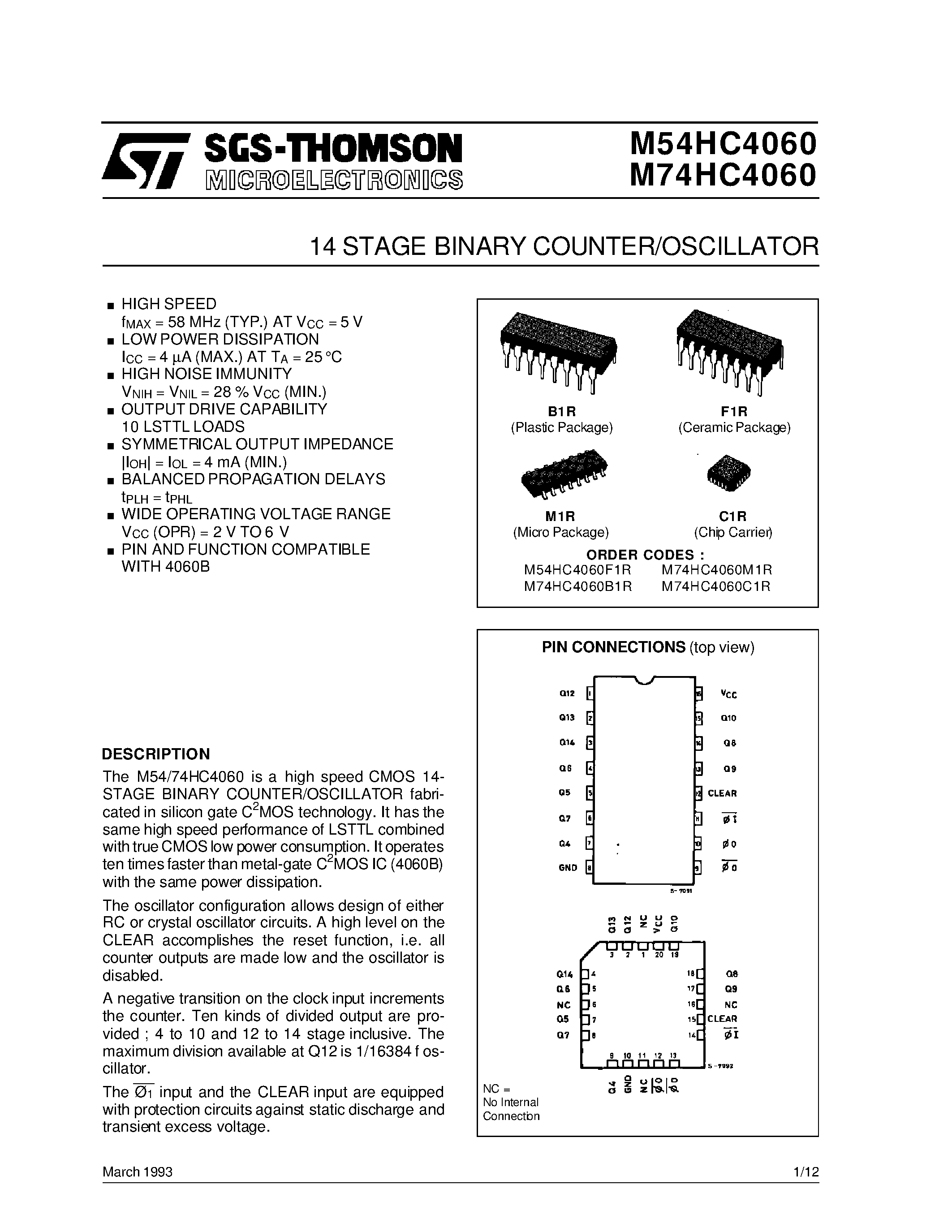 Datasheet M74HC4060 - 14 STAGE BINARY COUNTER/OSCILLATOR page 1