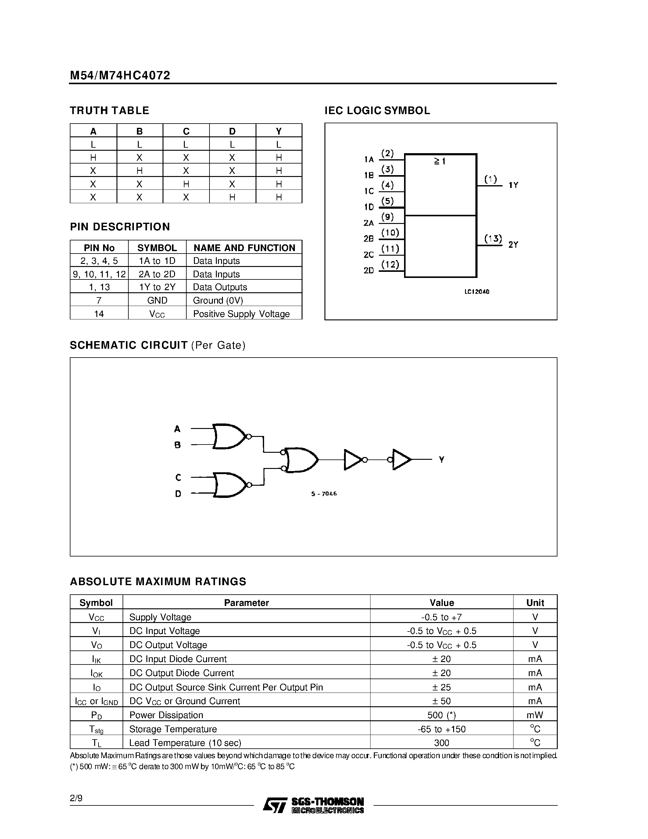 Datasheet M74HC4072 - DUAL 4 INPUT OR GATE page 2