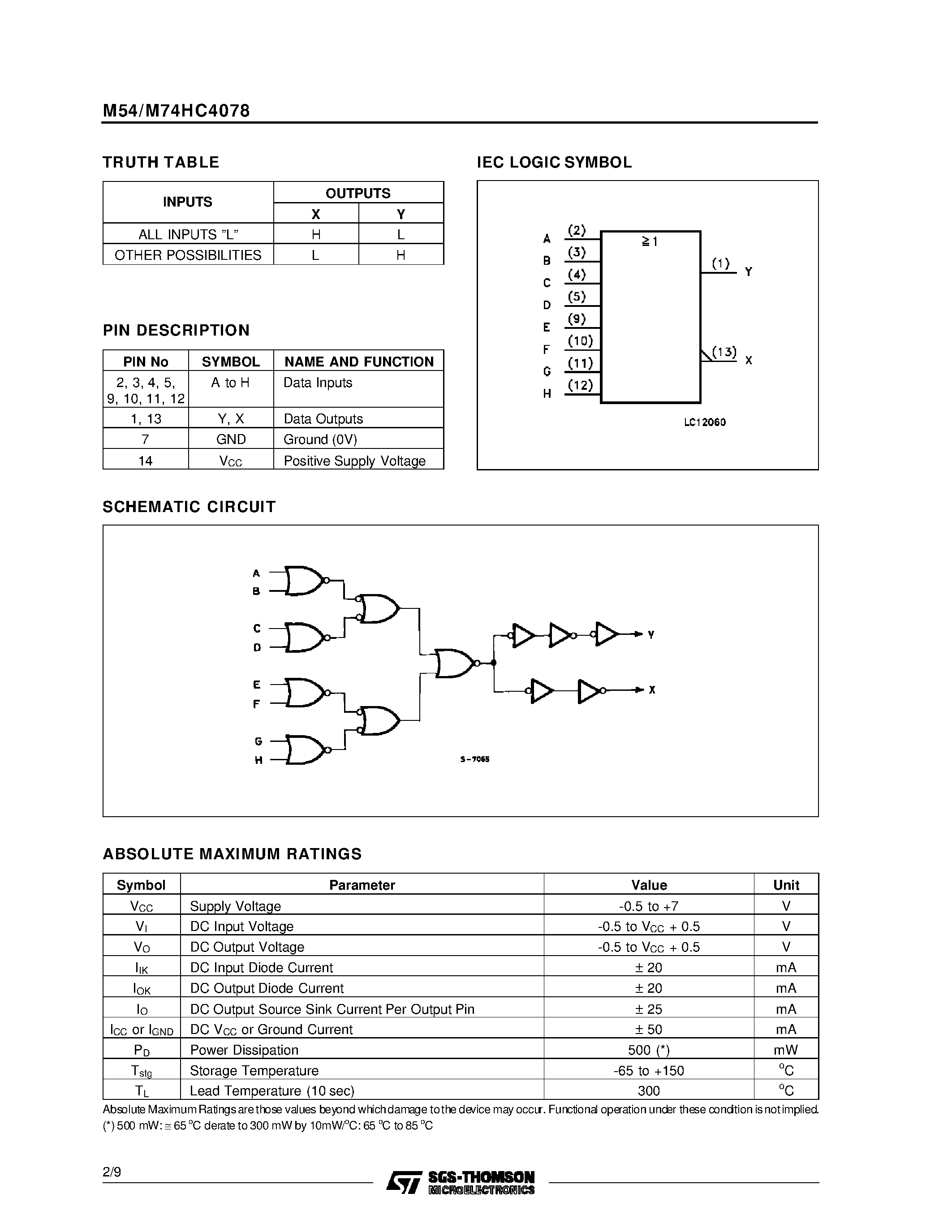 Datasheet M74HC4078 - 8 INPUT NOR/OR GATE page 2