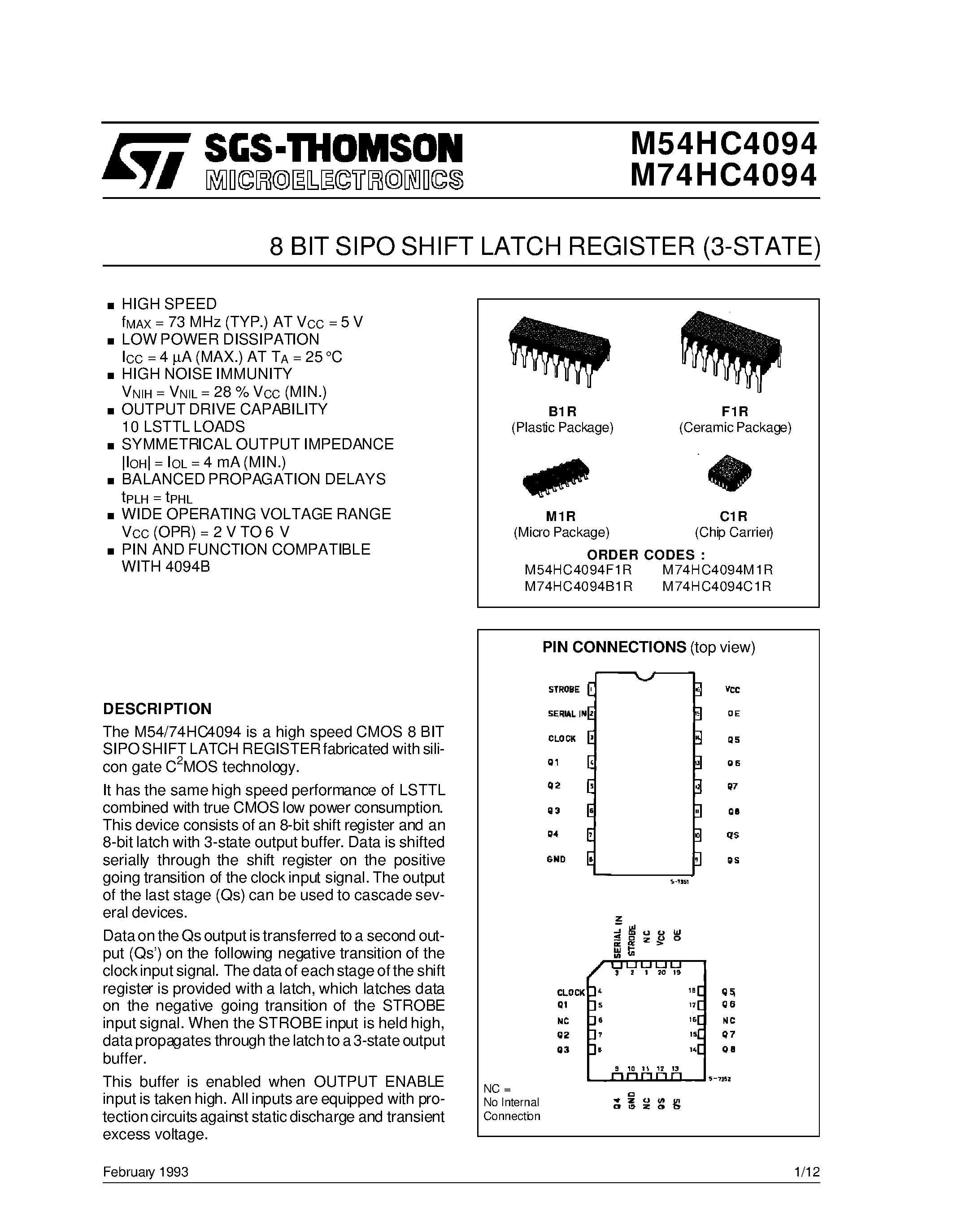 Datasheet M74HC4094 - 8 BIT SIPO SHIFT LATCH REGISTER 3-STATE page 1