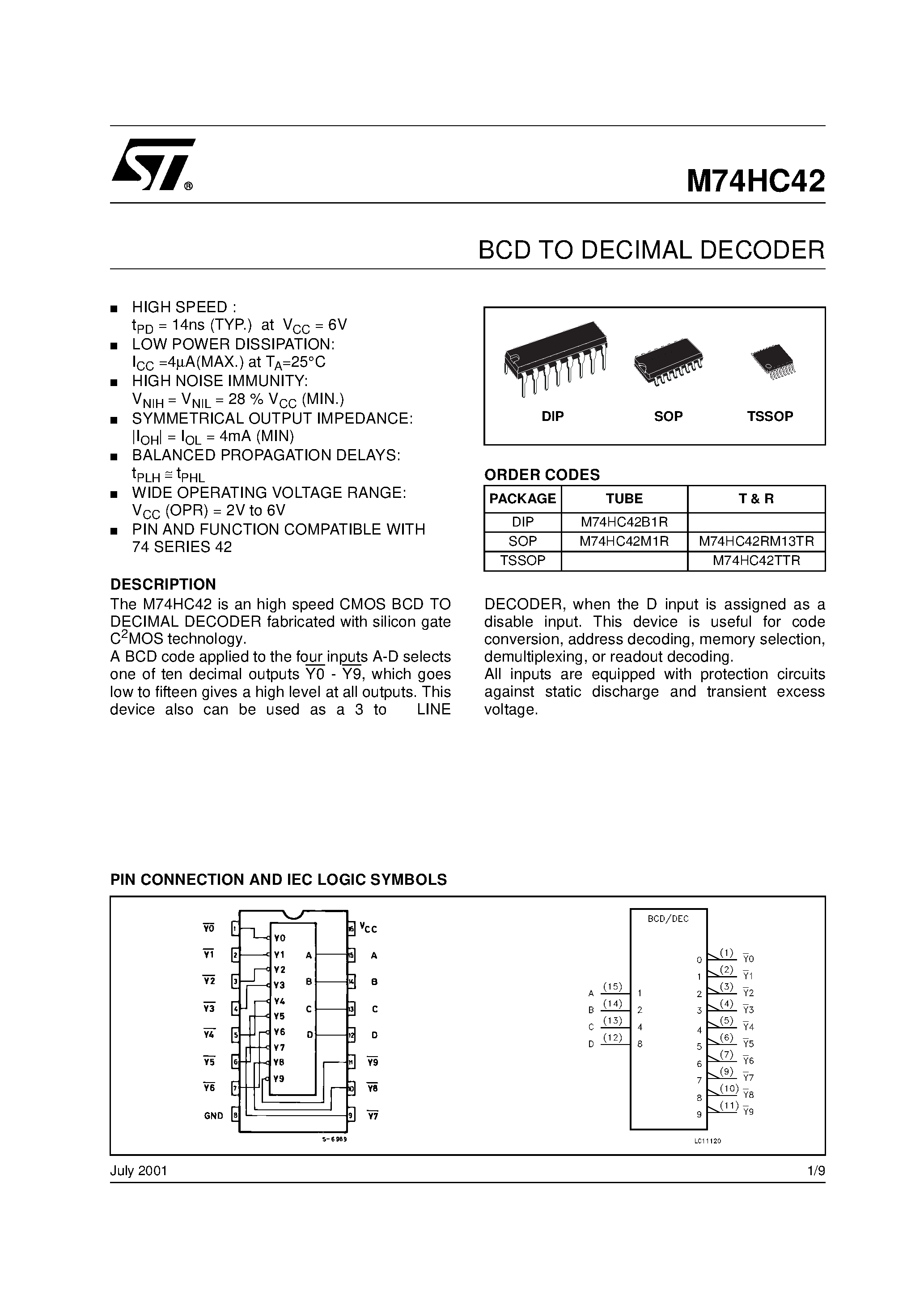 Даташит M74HC42 - BCD TO DECIMAL DECODER страница 1