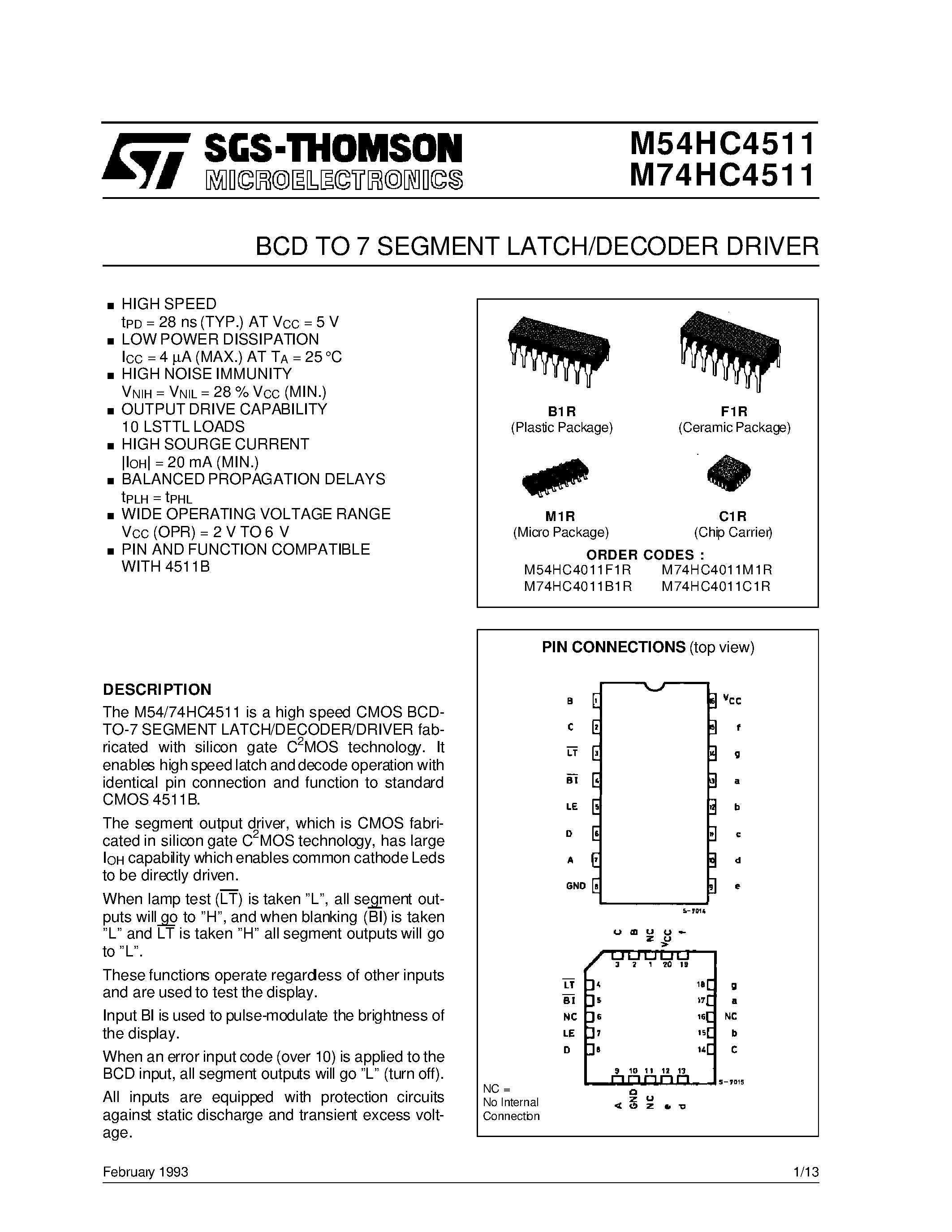 Datasheet M74HC4511 - BCD TO 7 SEGMENT LATCH/DECODER DRIVER page 1