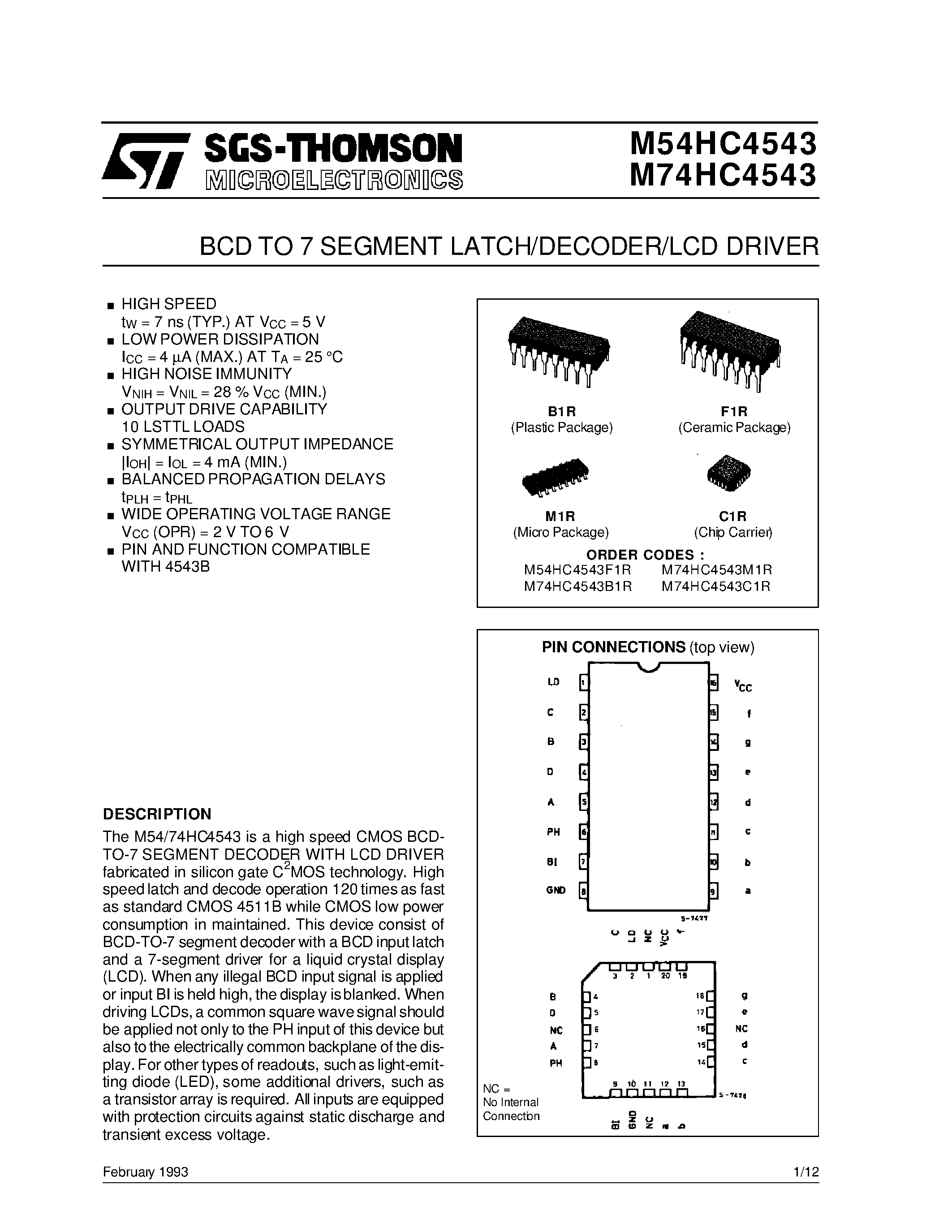 Даташит M74HC4543 - BCD TO 7 SEGMENT LATCH/DECODER/LCD DRIVER страница 1
