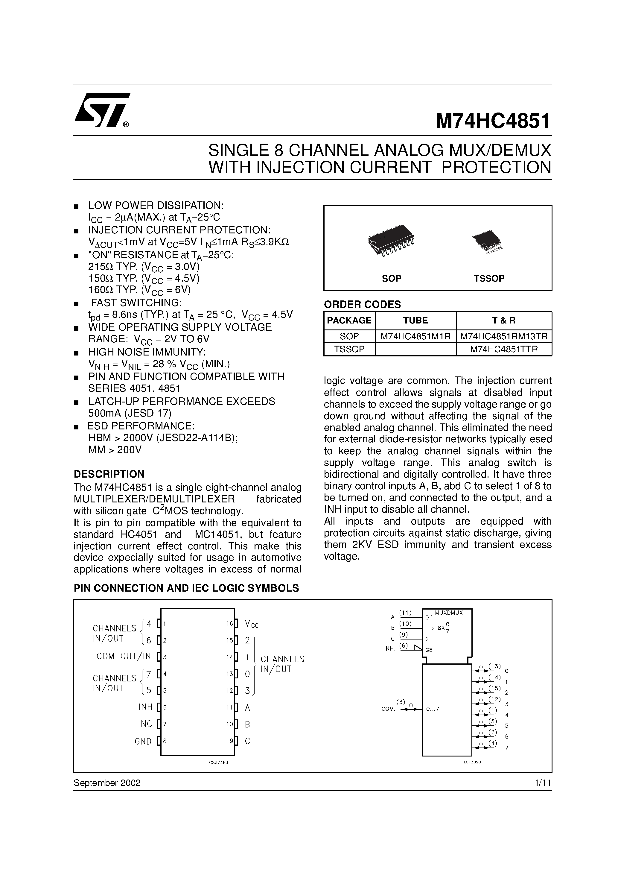 Datasheet M74HC4851 - SINGLE 8 CHANNEL ANALOG MUX/DEMUX WITH INJECTION CURRENT PROTECTION page 1