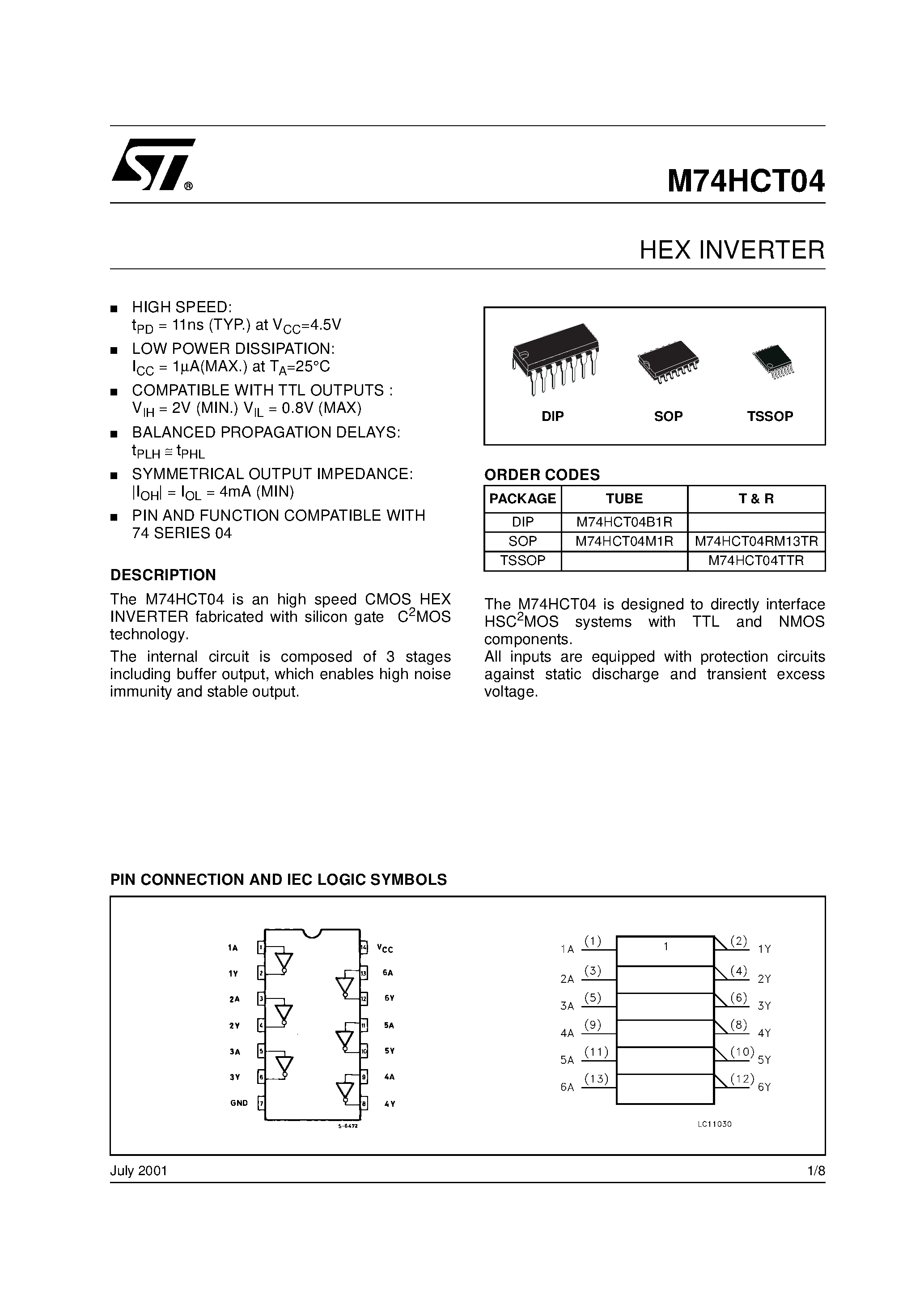 Datasheet M74HCT04 - HEX INVERTER page 1