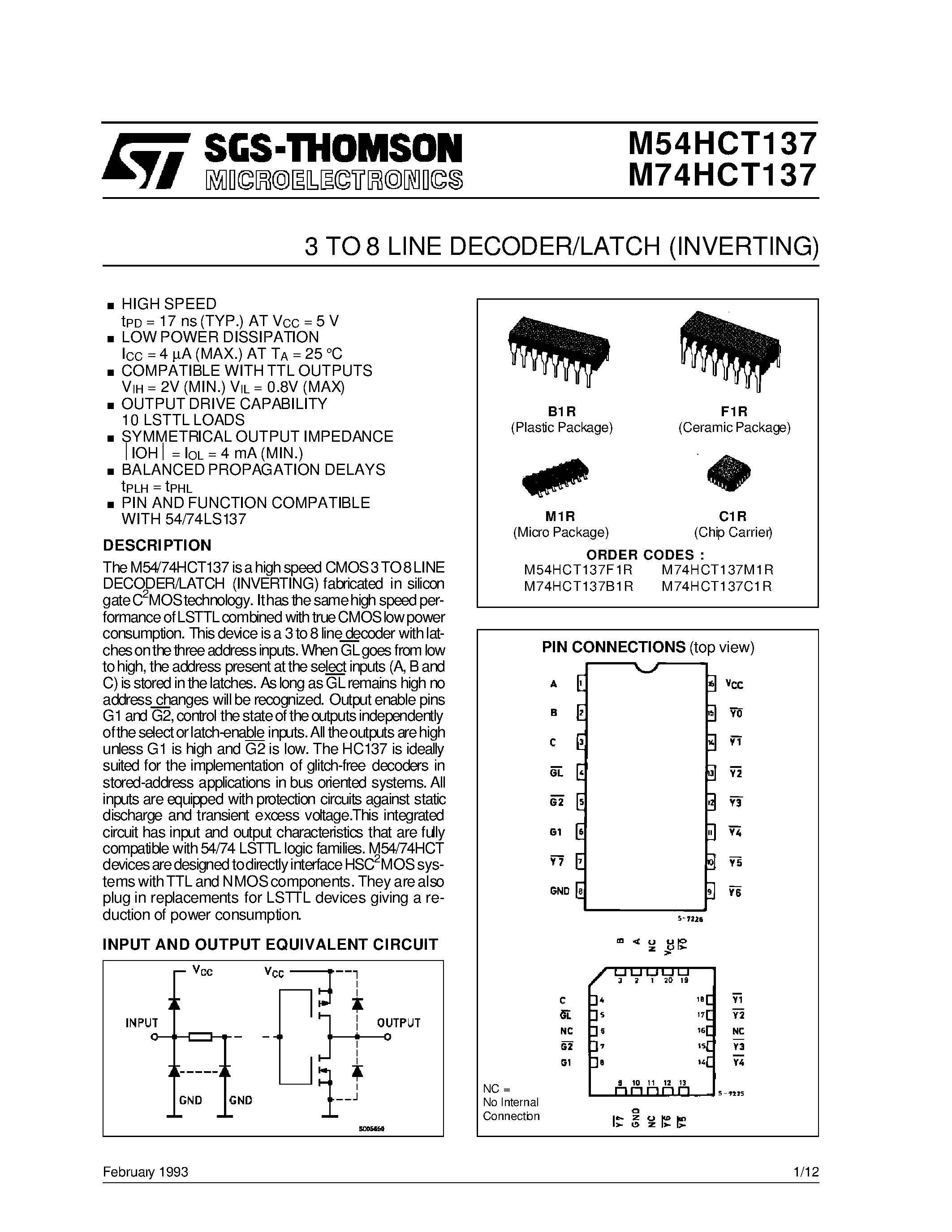 Datasheet M74HCT137 - 3 TO 8 LINE DECODER/LATCH INVERTING page 1
