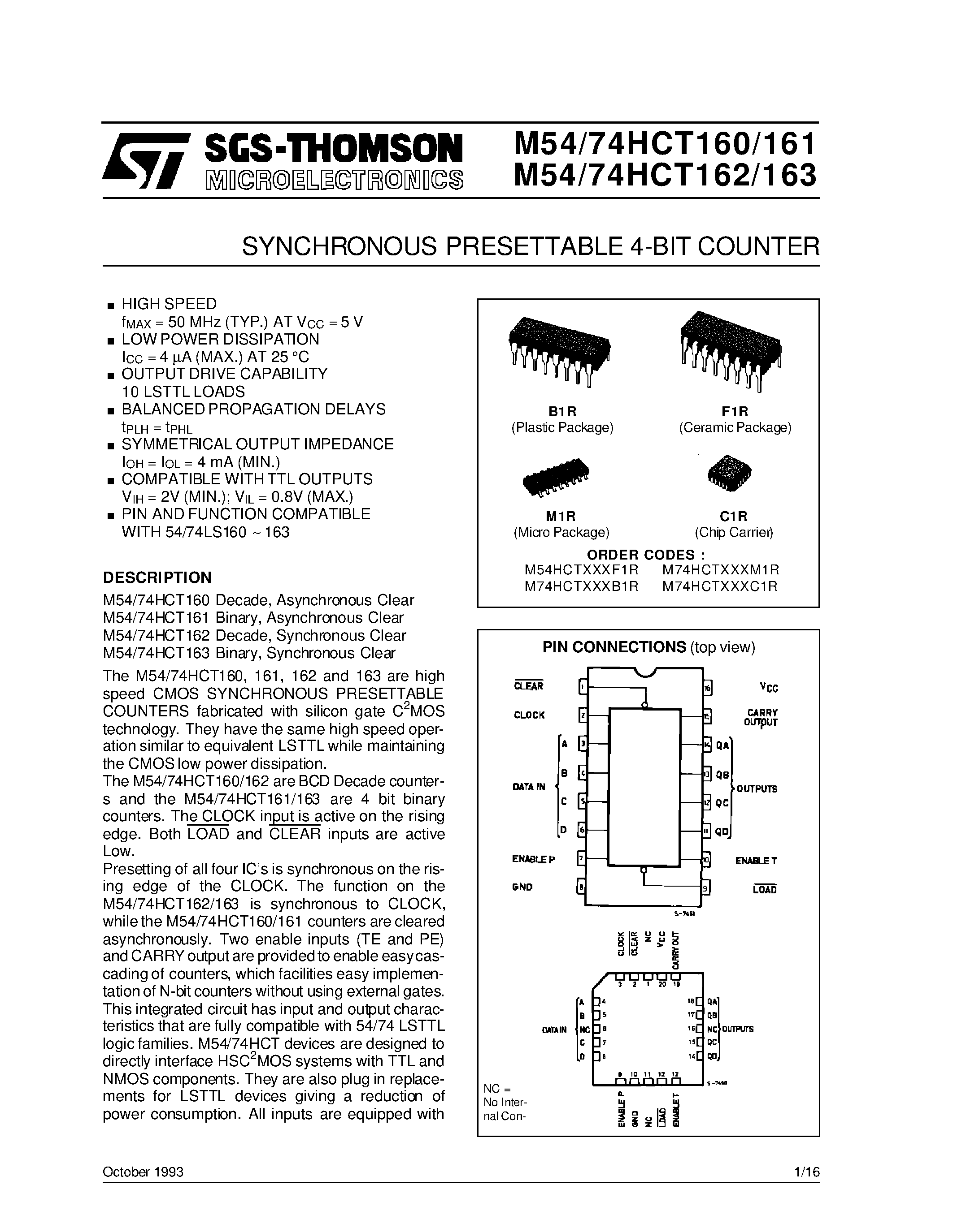 Datasheet M74HCT163 - SYNCHRONOUS PRESETTABLE 4-BIT COUNTER page 1